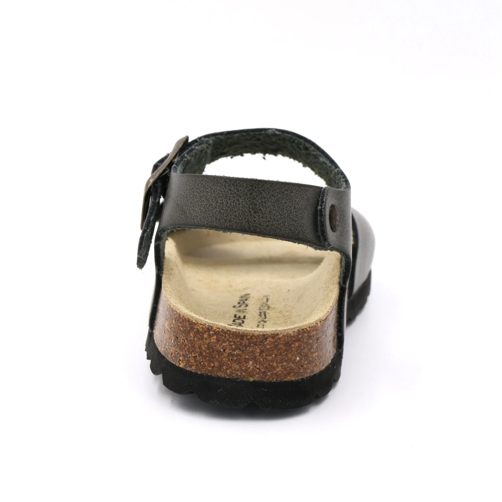 Sandália preta de cortiça vista de trás