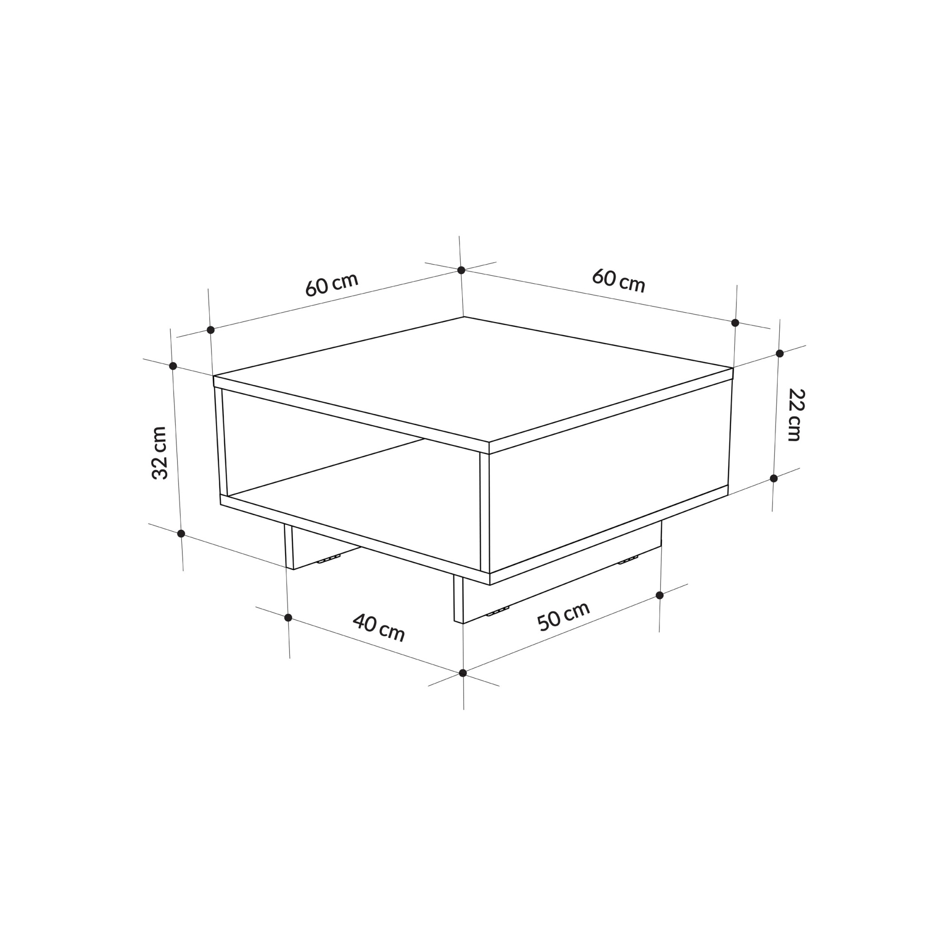 Desenho técnico de móvel com dimensões em centímetros