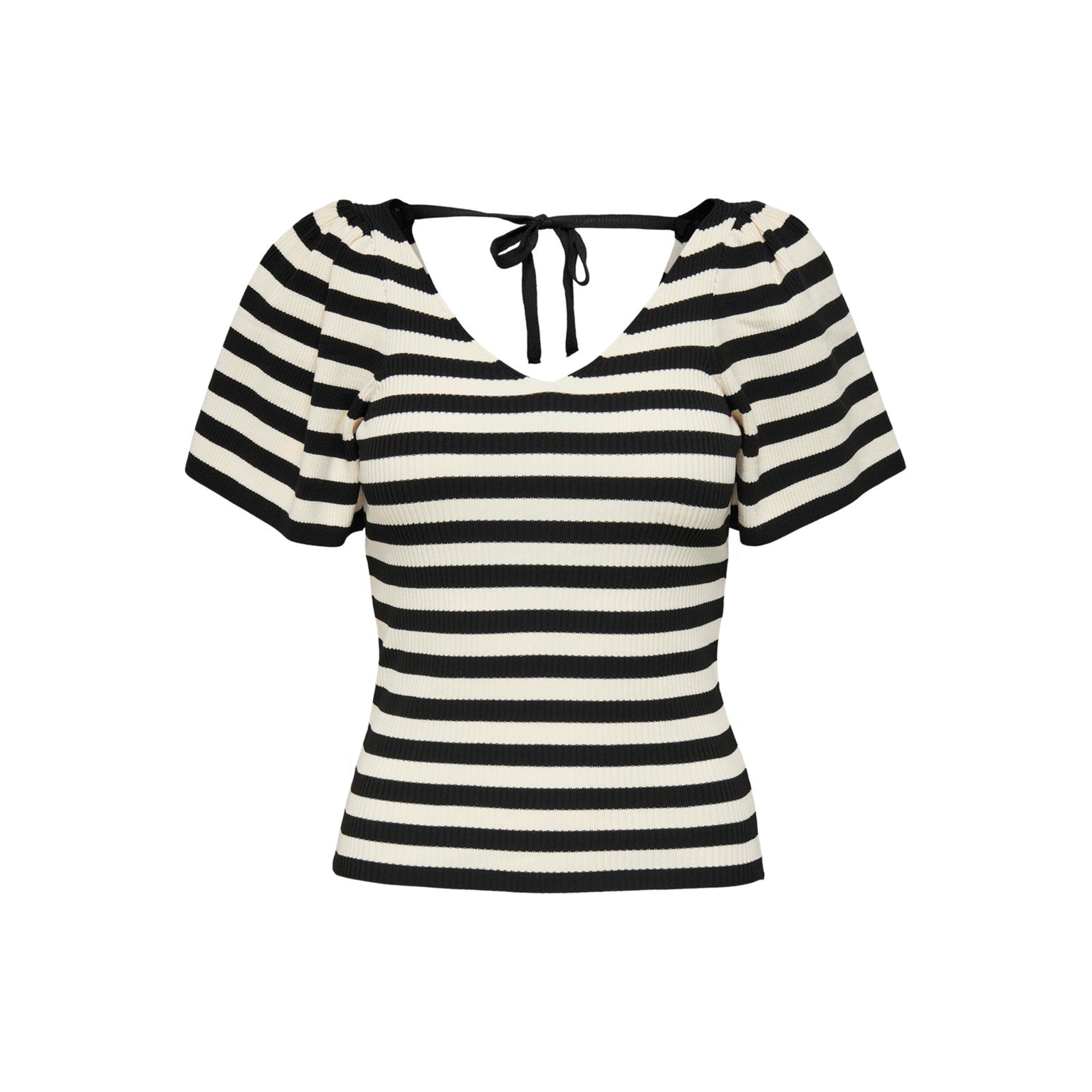 Camisola riscada preta e branca com mangas curtas e decote em V com laço