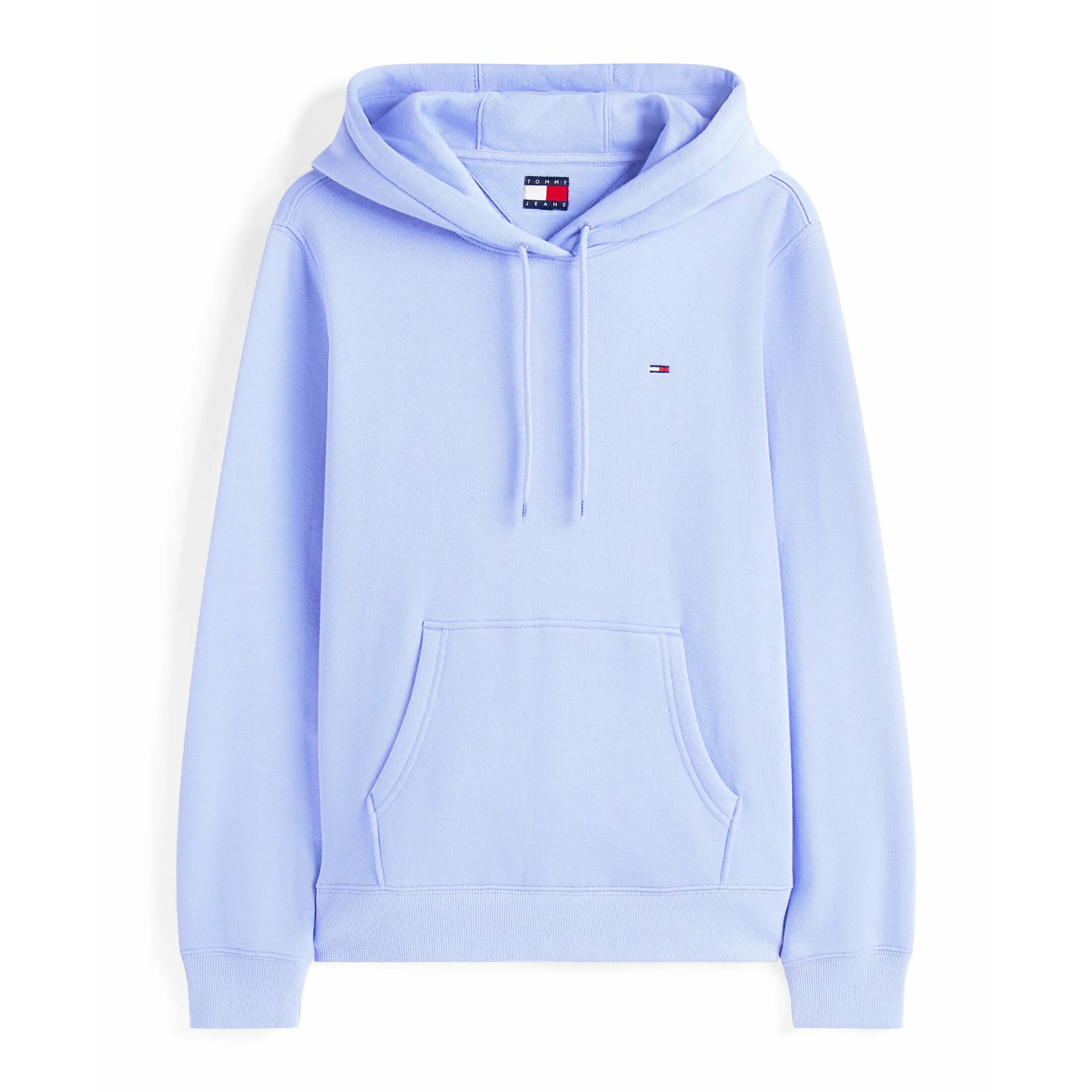 Sweatshirt lilás claro com capuz e bolso frontal, logo Tommy Jeans bordado no peito.