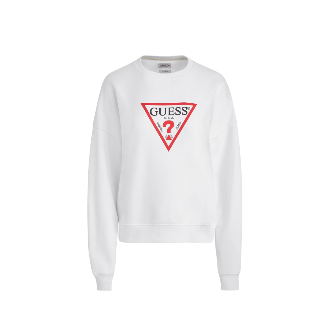 Sweatshirt branca da GUESS com logo triangular vermelho e texto GUESS U.S.A.