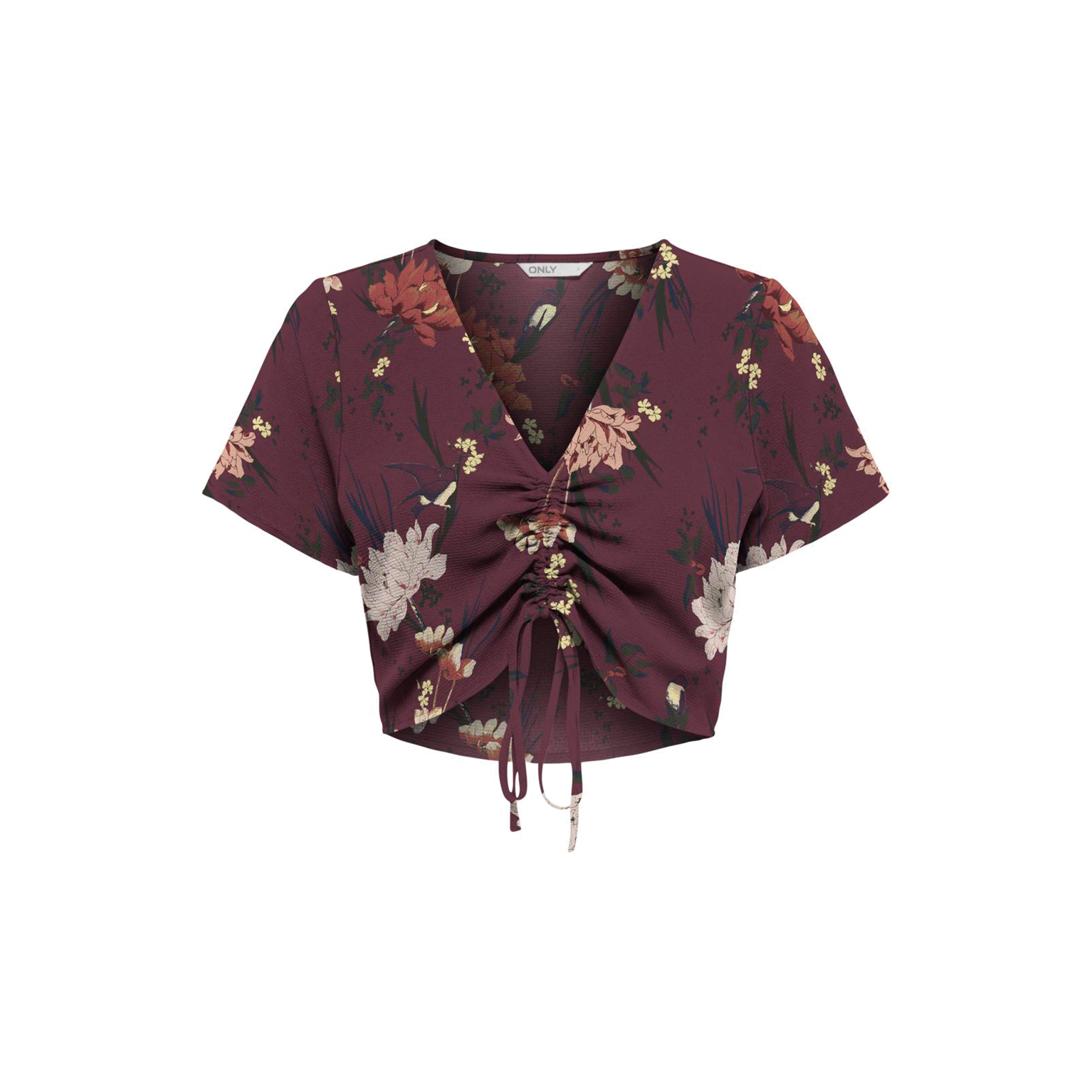 Top feminino floral castanho com ajuste franzido