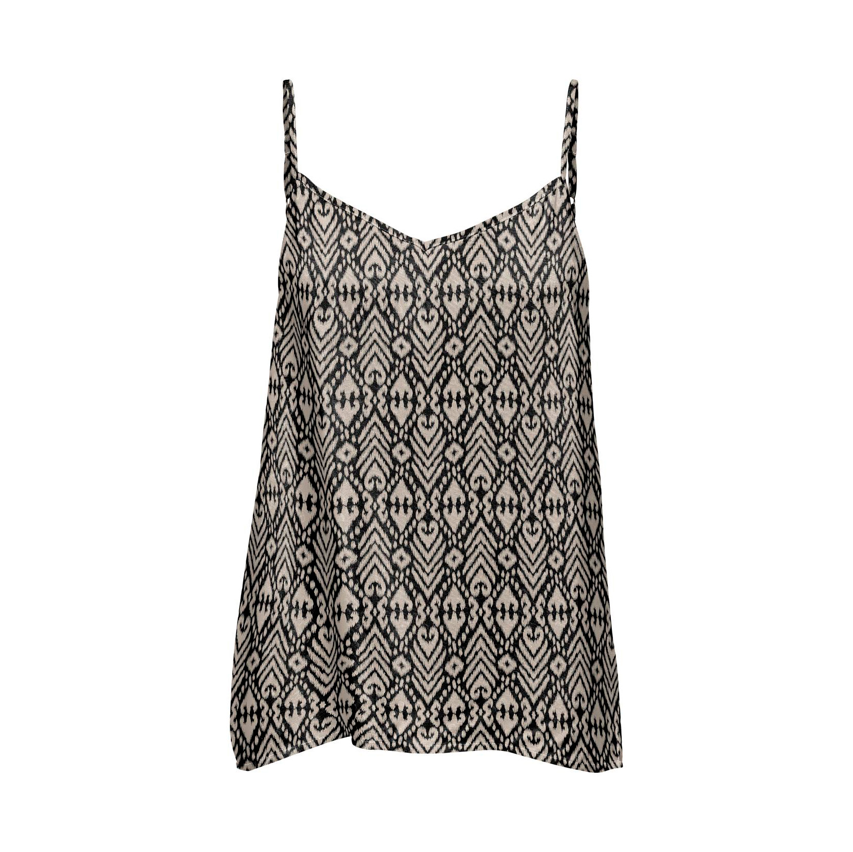 Top feminino com padrão geométrico preto e bege