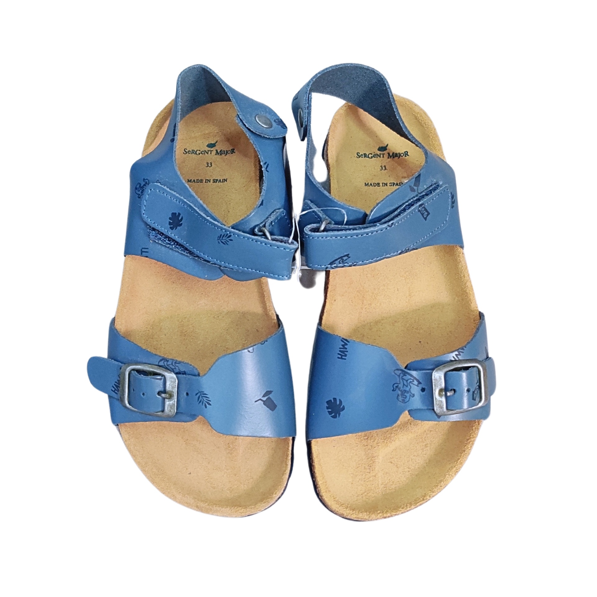 Sandálias azuis de criança com fivelas e estampas florais