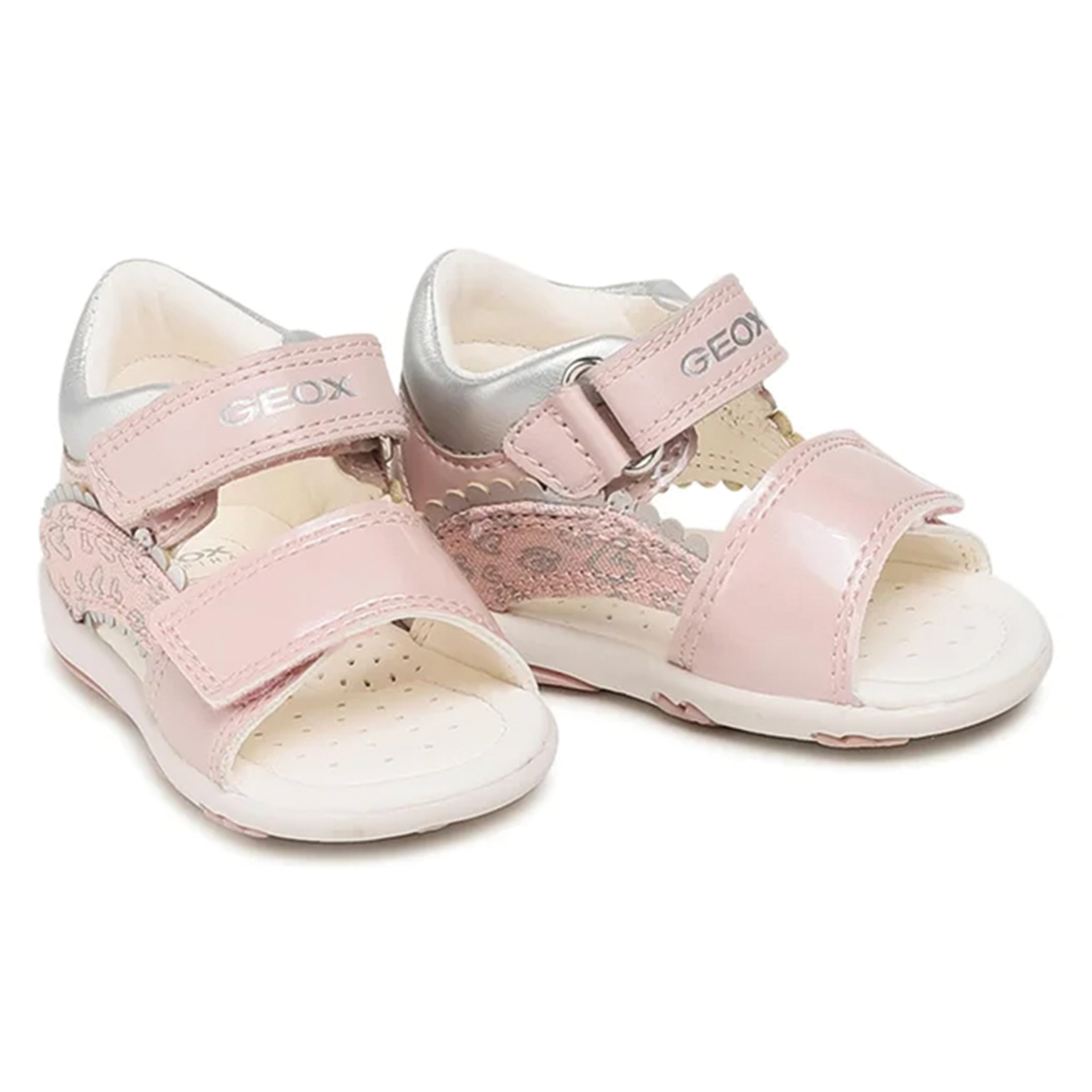 Sandálias infantis cor-de-rosa Geox com fecho de velcro e detalhes prateados