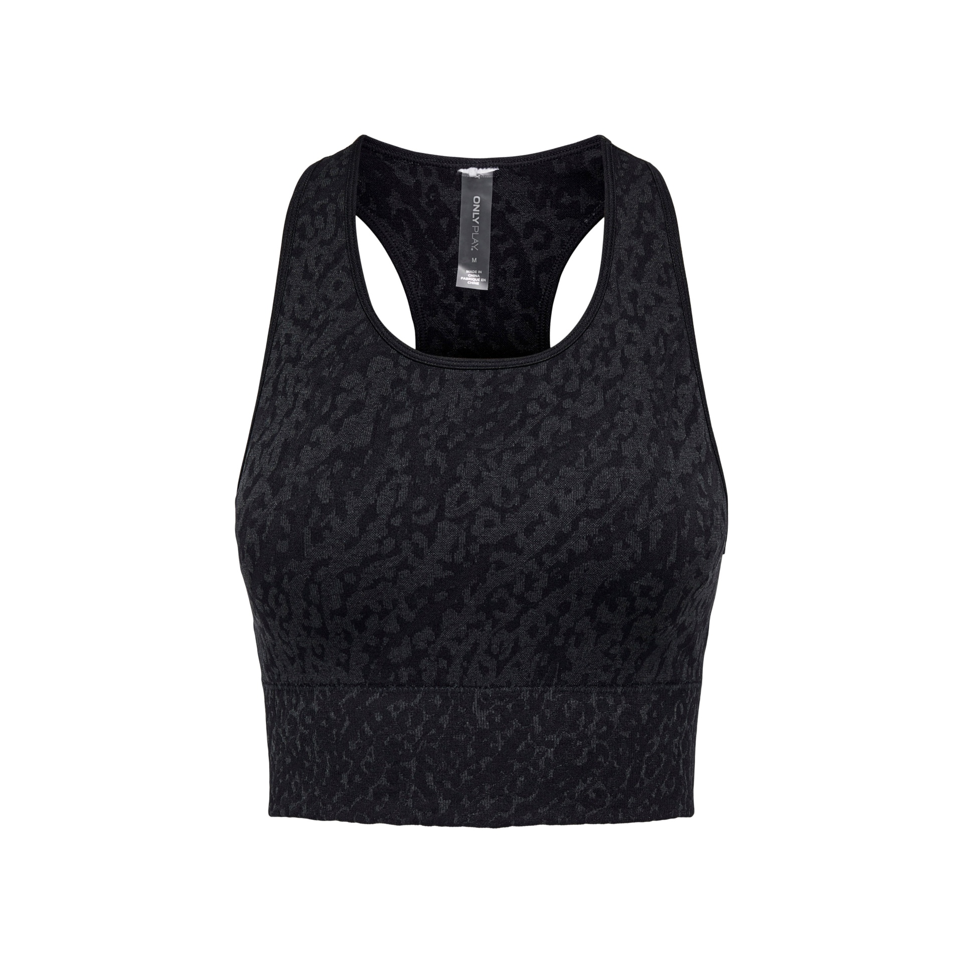 top desportivo preto texturizado com padrão de pele de animal