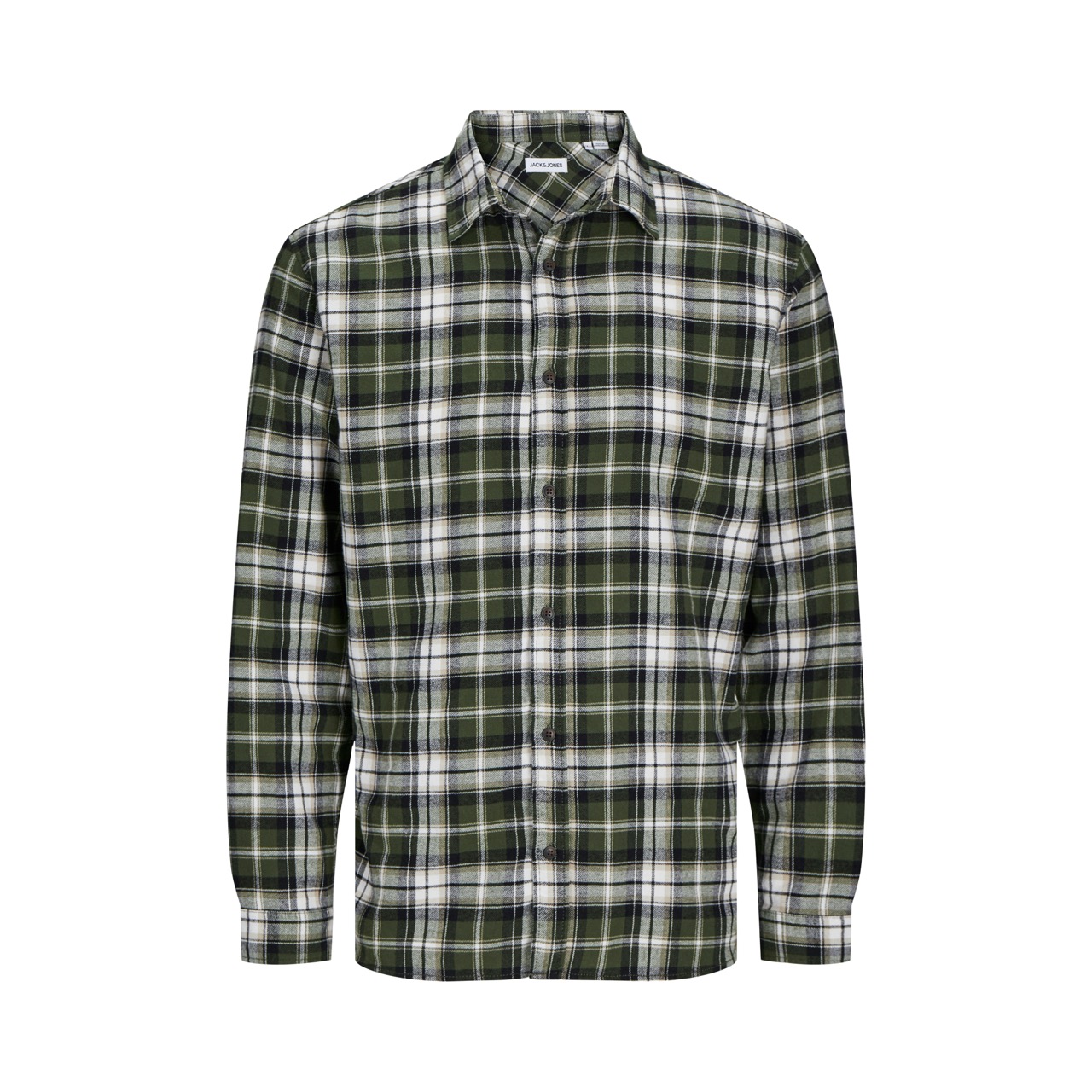 Camisa de flanela xadrez verde, branca e preta com botões, gola clássica.