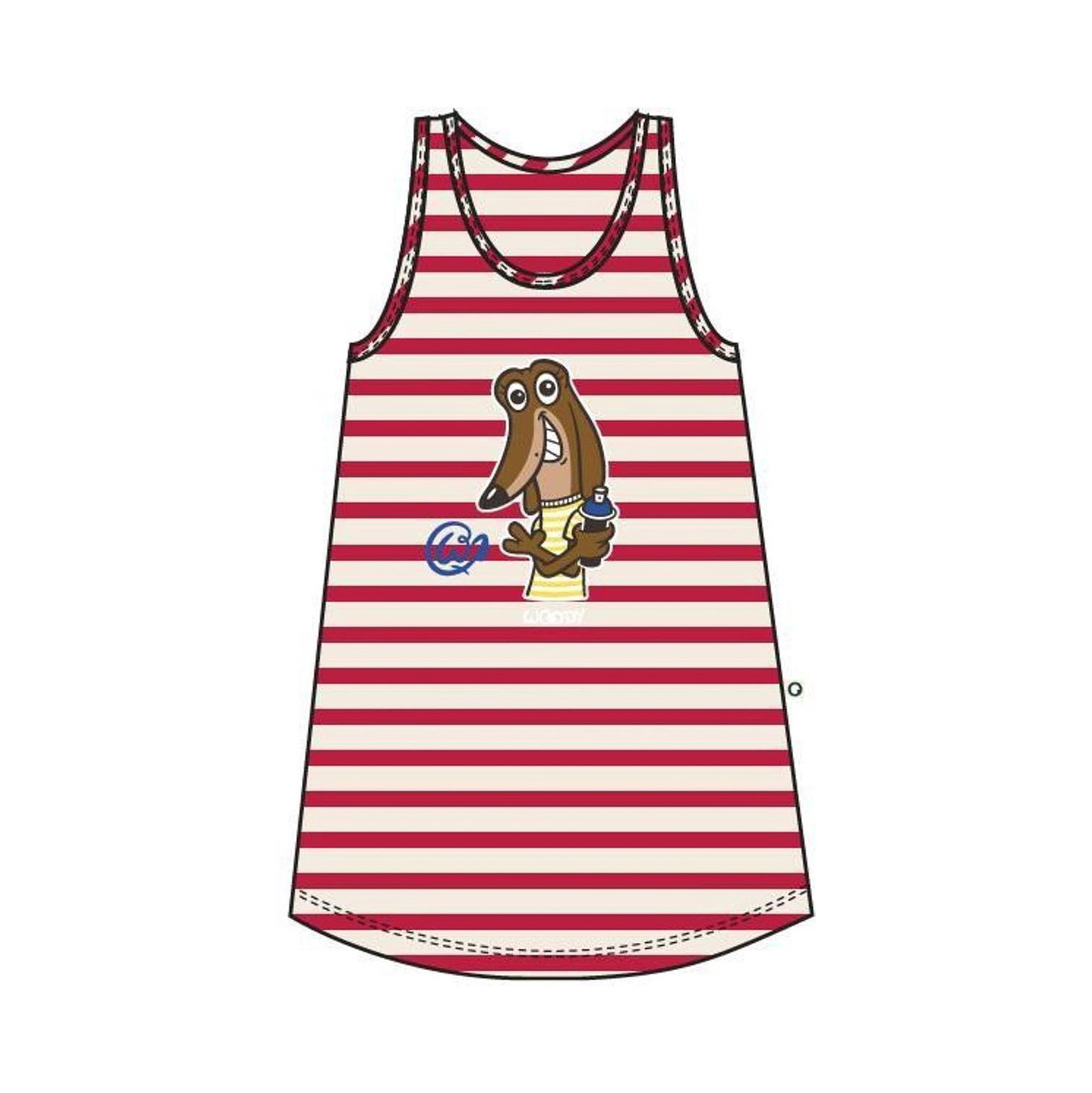 Vestido de alças com riscas vermelhas e brancas e desenho de cão num ananás