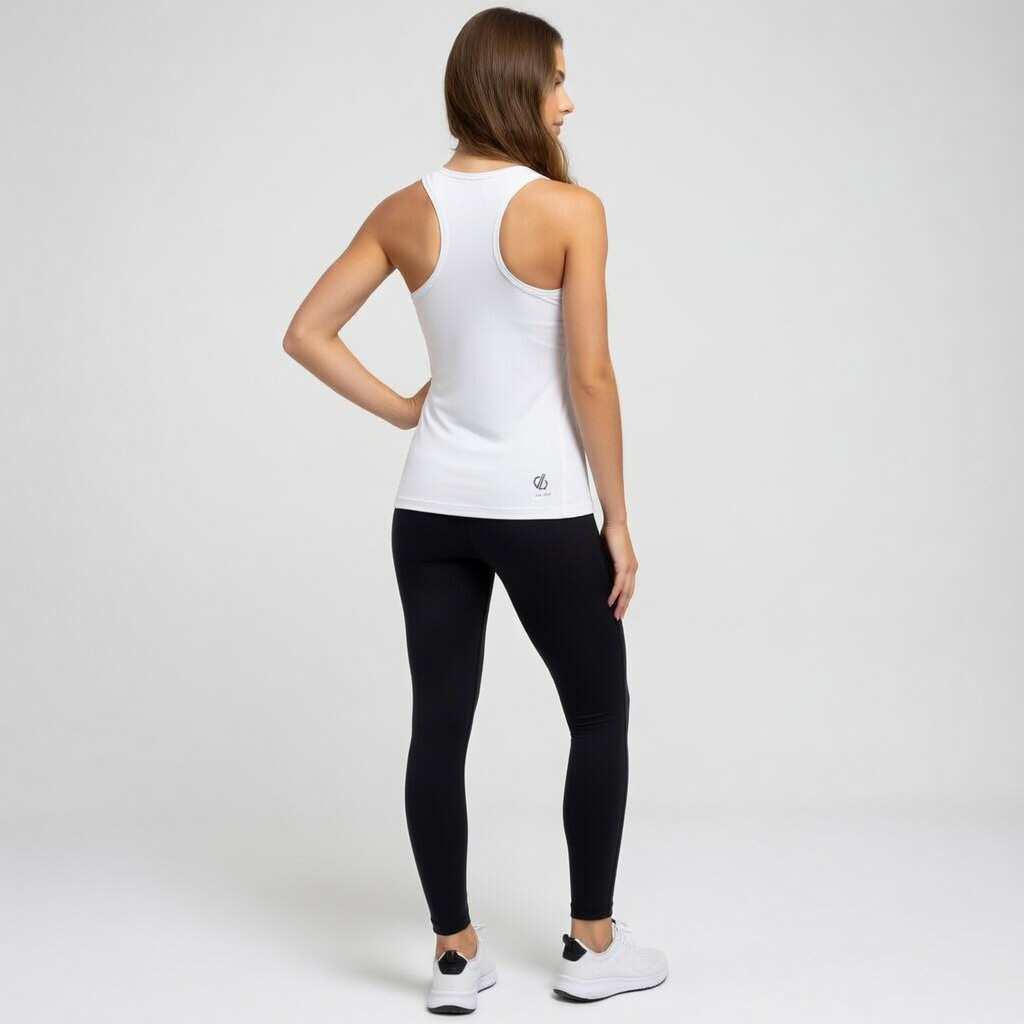 Pessoa a usar top desportivo branco e legging preta vista de costas
