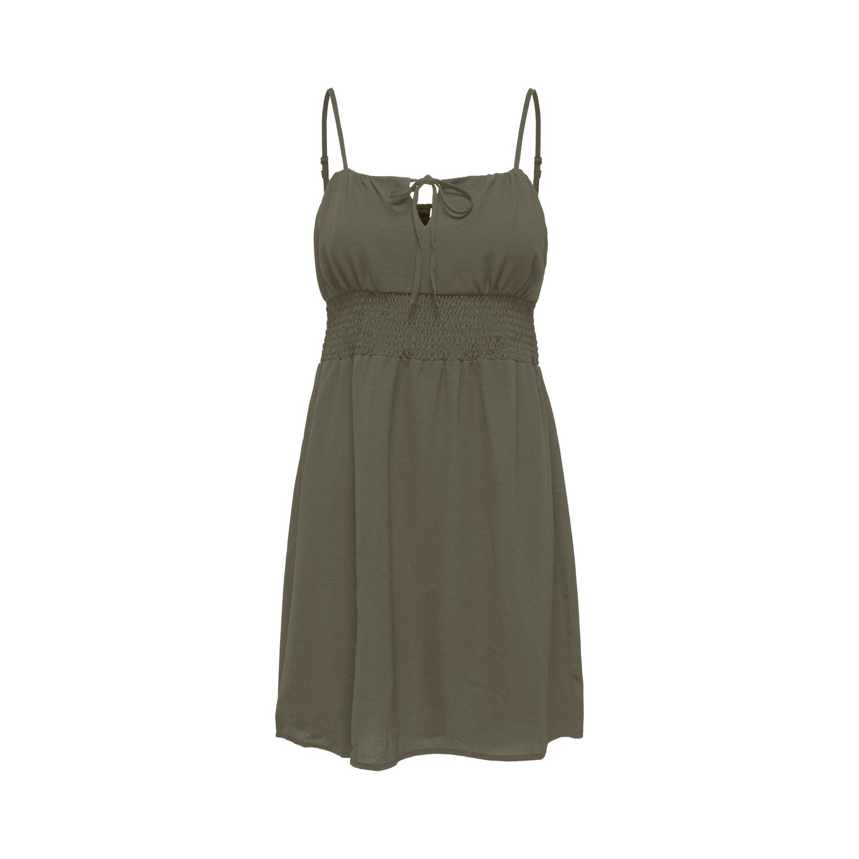 Vestido verde-oliva de alças finas com laço e cintura franzida