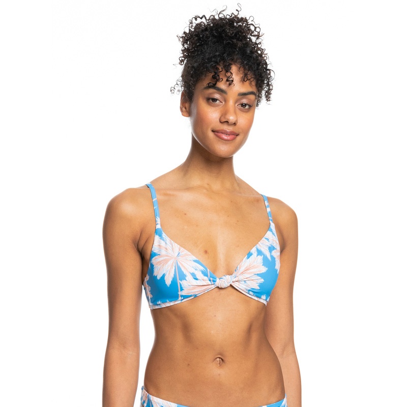 Top de bikini azul com flores cor de rosa claro e nó no centro