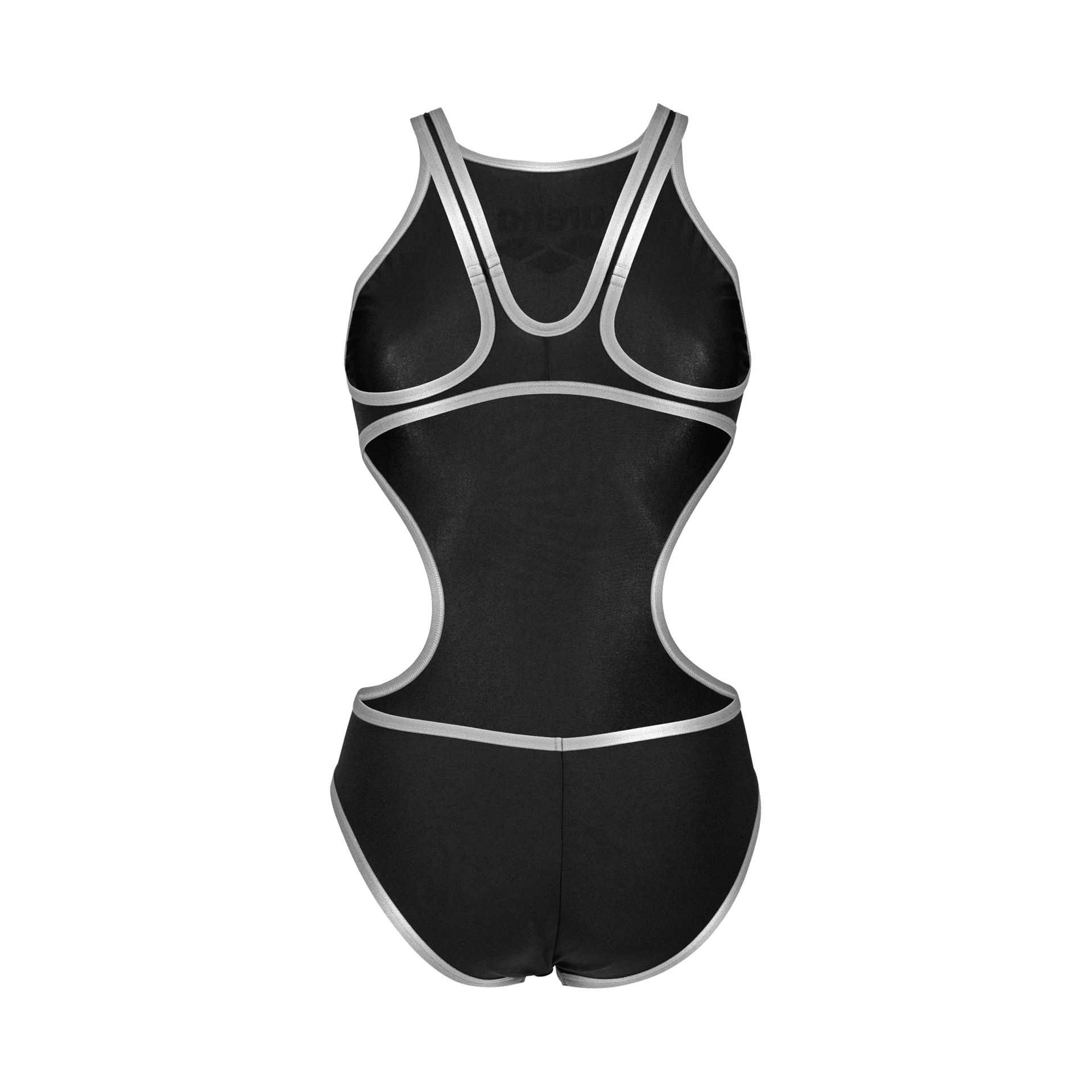 Fato de banho preto com detalhes cinza claro e corte recortado na cintura