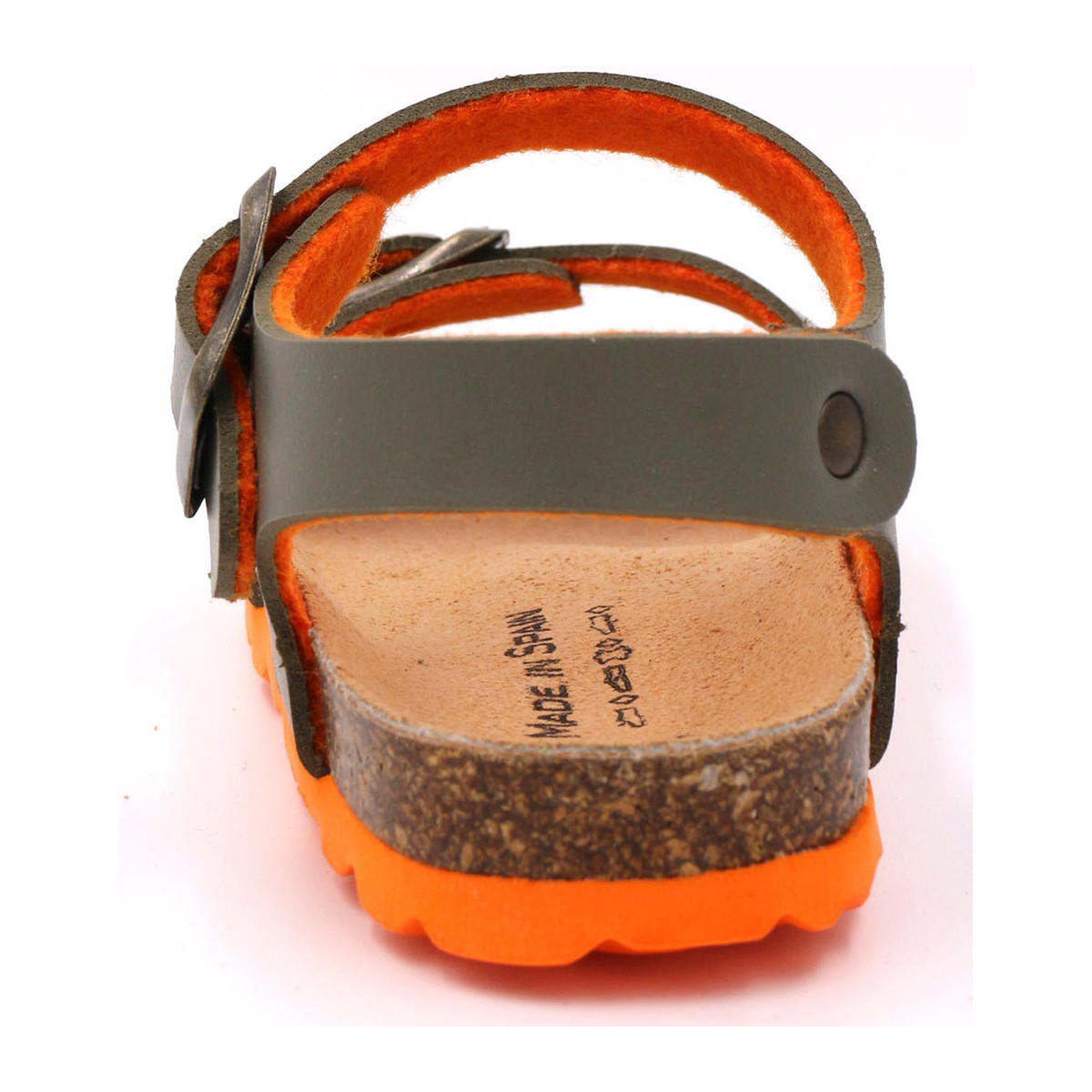 Sandália tipo birkenstock com sola laranja e tiras cinza e laranja