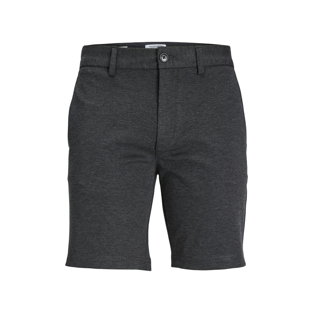 Calções masculinos cinza escuro com botão frontal e passantes para cinto