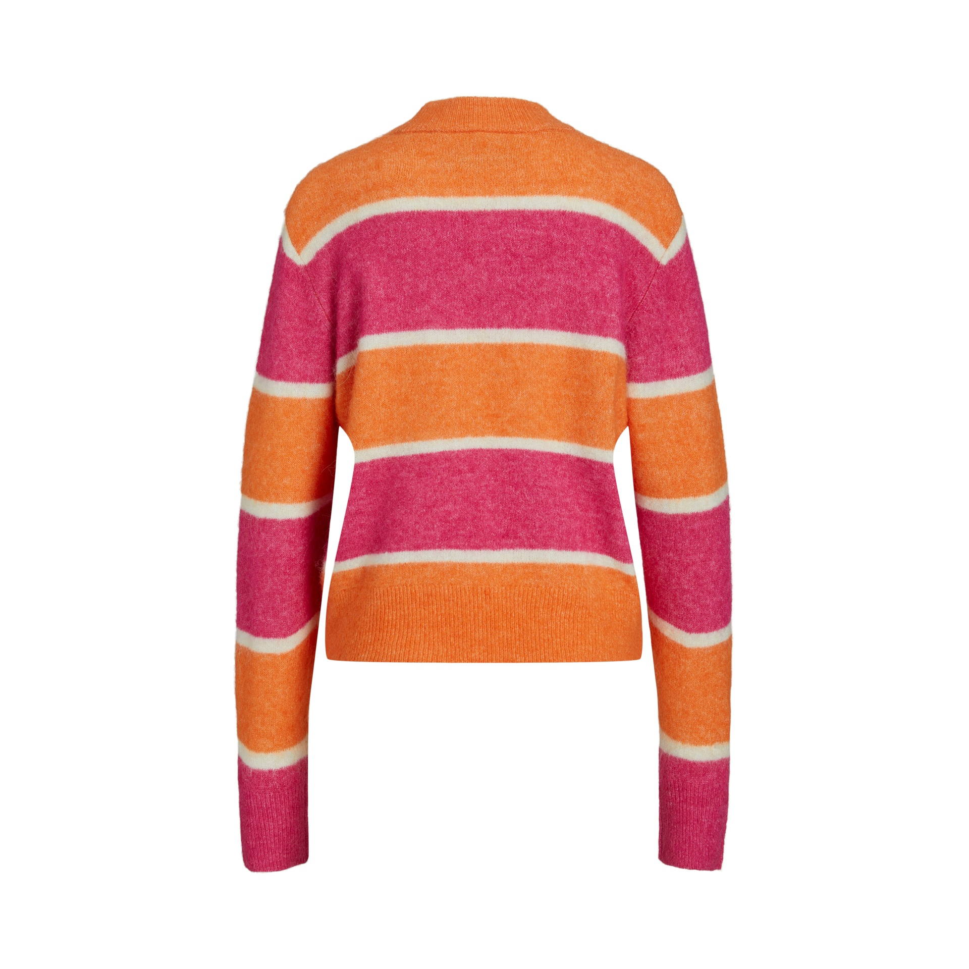 Camisola de malha com riscas largas laranja, rosa e branco