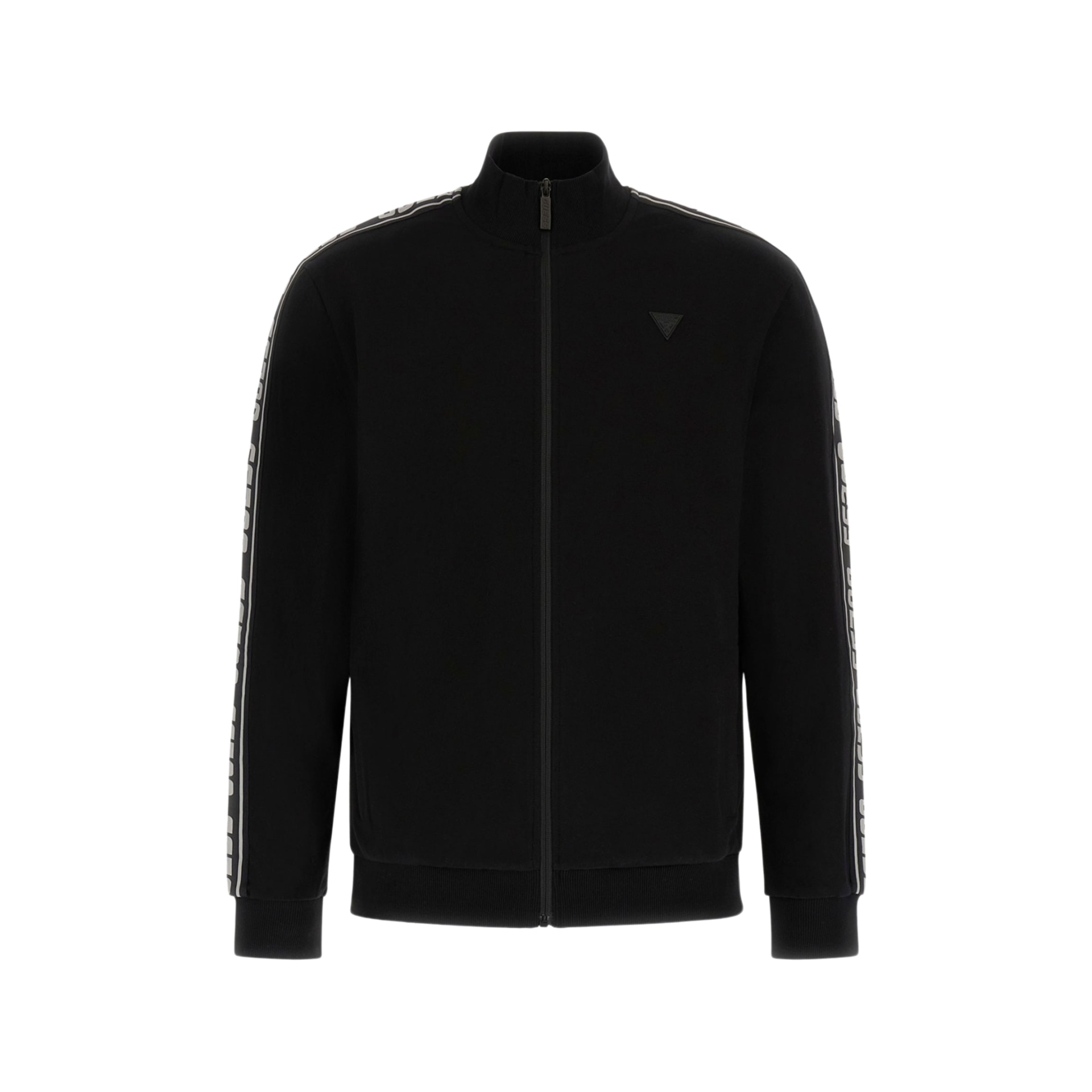 casaco desportivo preto com fecho, gola alta, faixas laterais e símbolo triangular