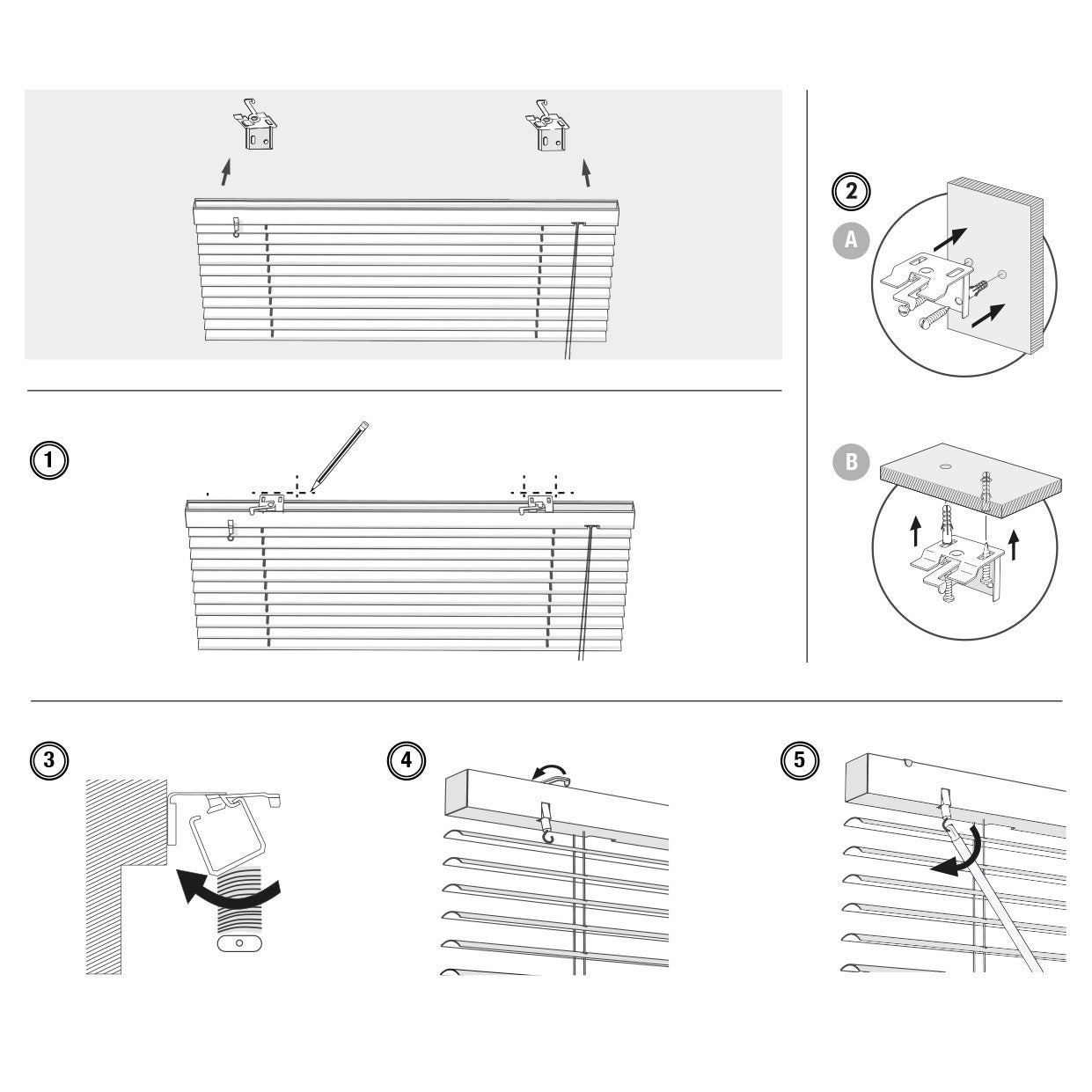 Desenho técnico de instruções de montagem para persianas com suportes e parafusos