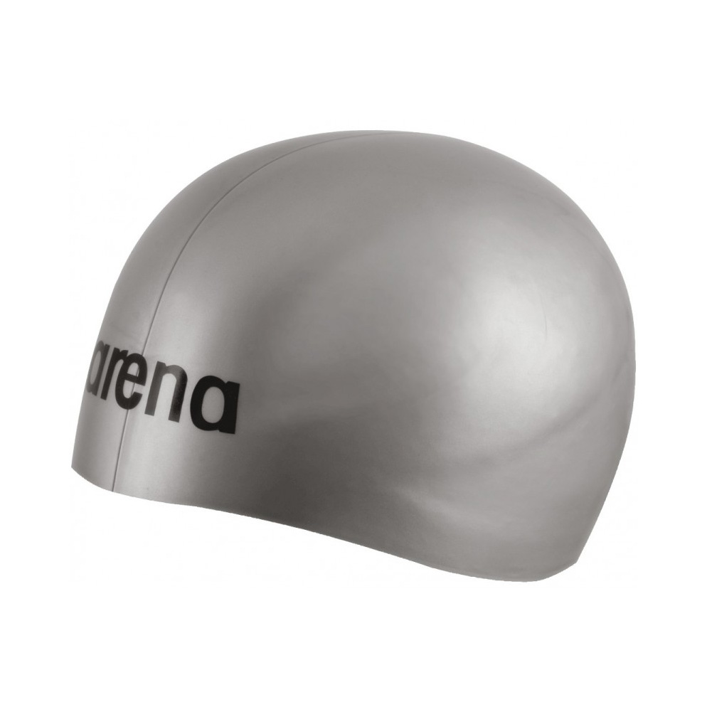 Touca de natação prateada com texto preto arena