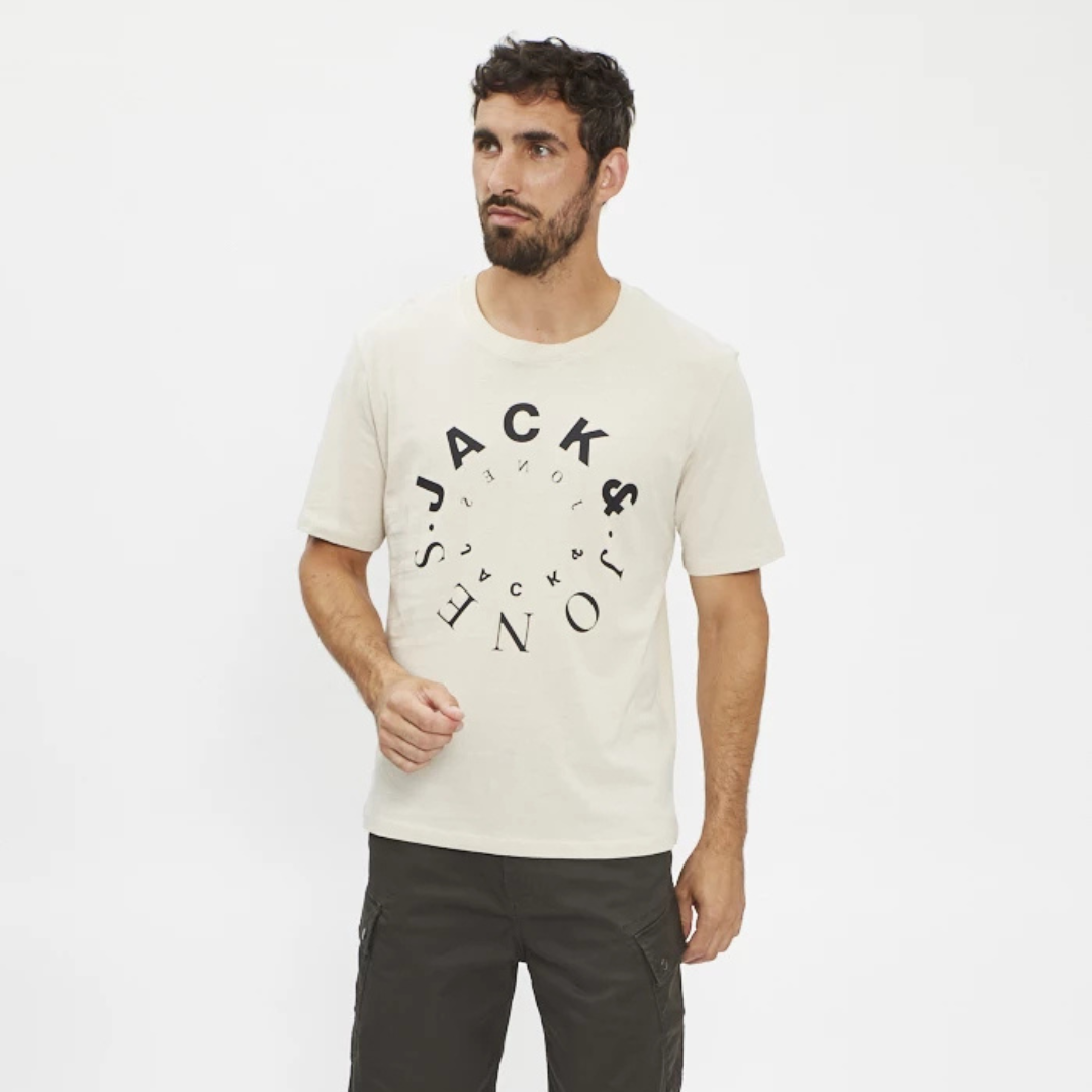 T-shirt masculina bege claro com estampado preto circular JACK & JONES