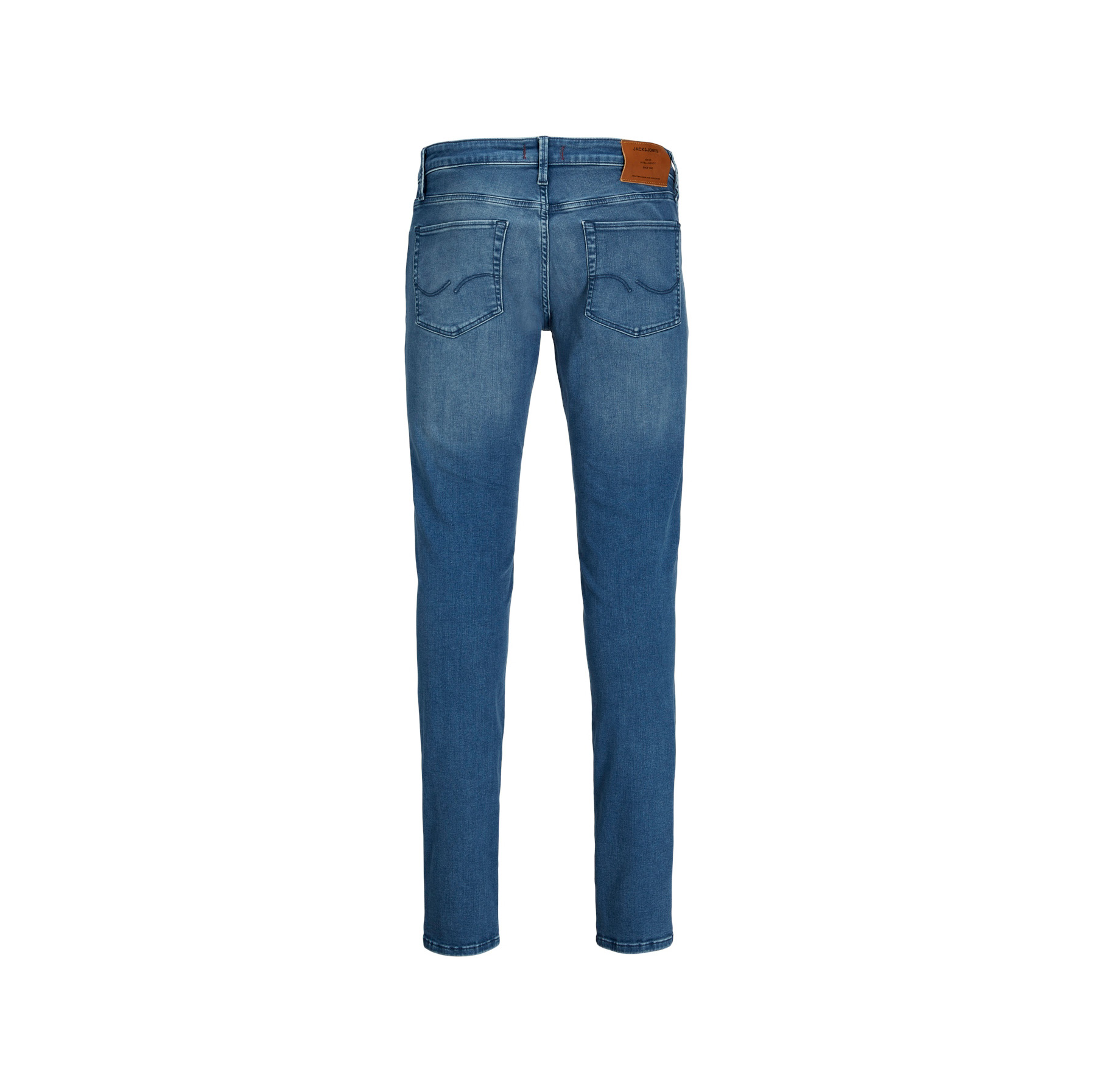 Calças de ganga azuis de corte justo com bolso traseiro e etiqueta castanha