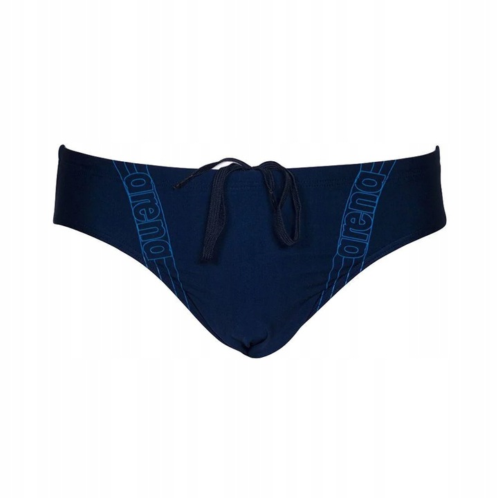 Cueca de banho azul escuro com texto arena azul claro e cordão preto