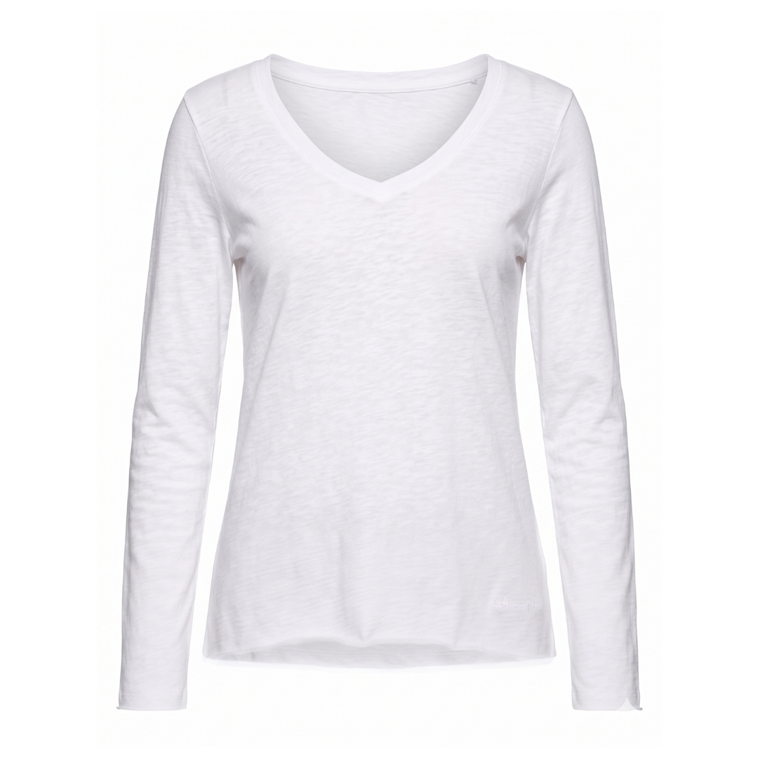 T-shirt branca feminina de manga comprida com decote em bico