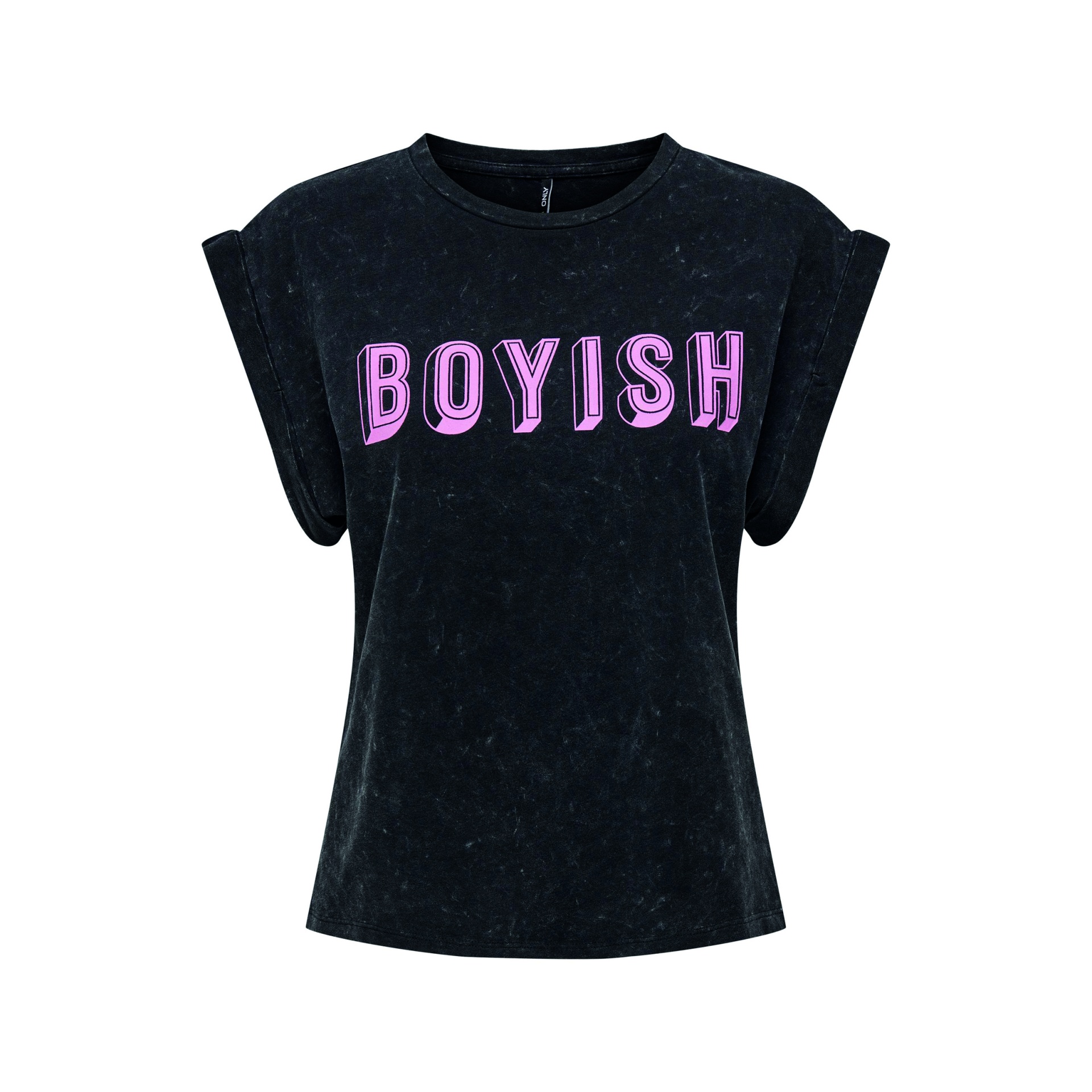 T-shirt preta feminina com texto BOYISH em rosa