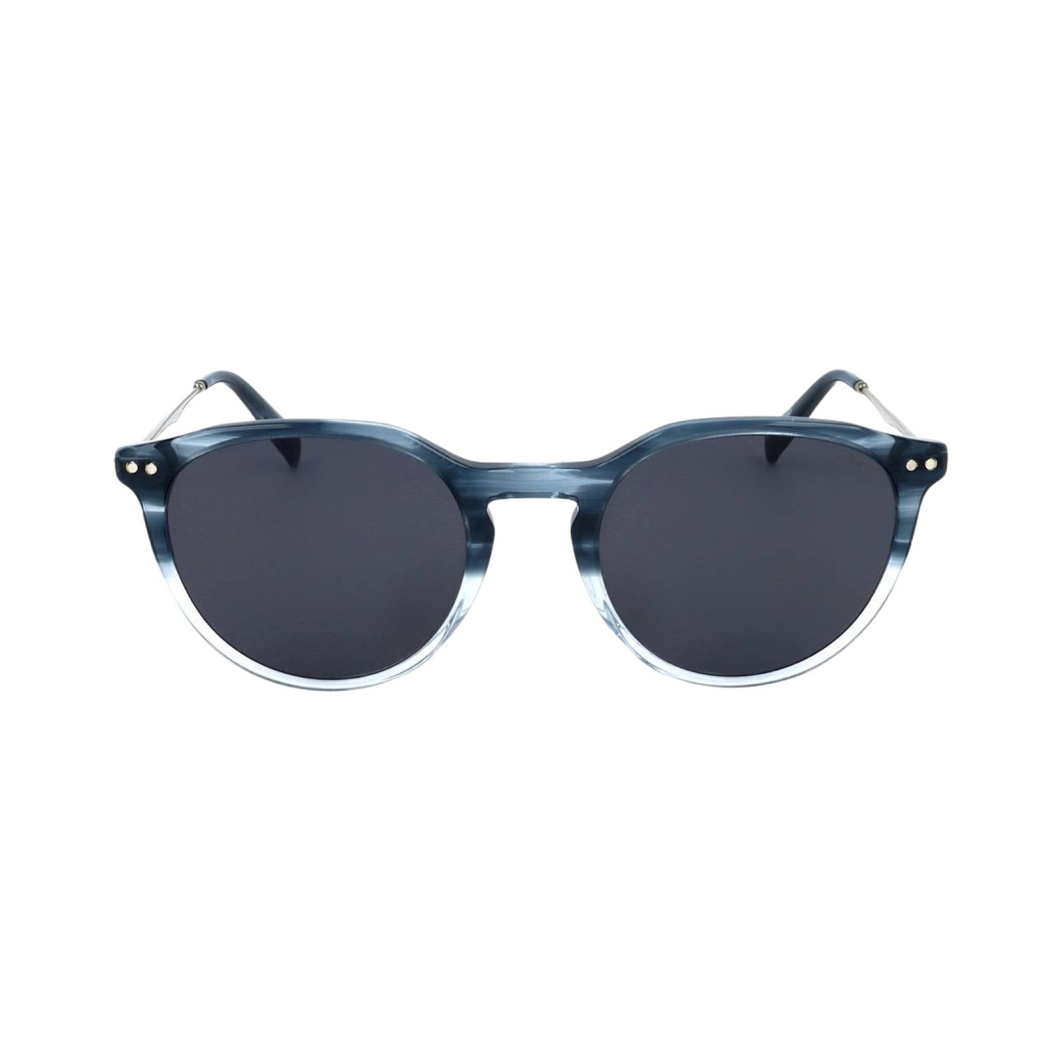 Óculos de sol com armação azul e branca translúcida e lentes escuras redondas