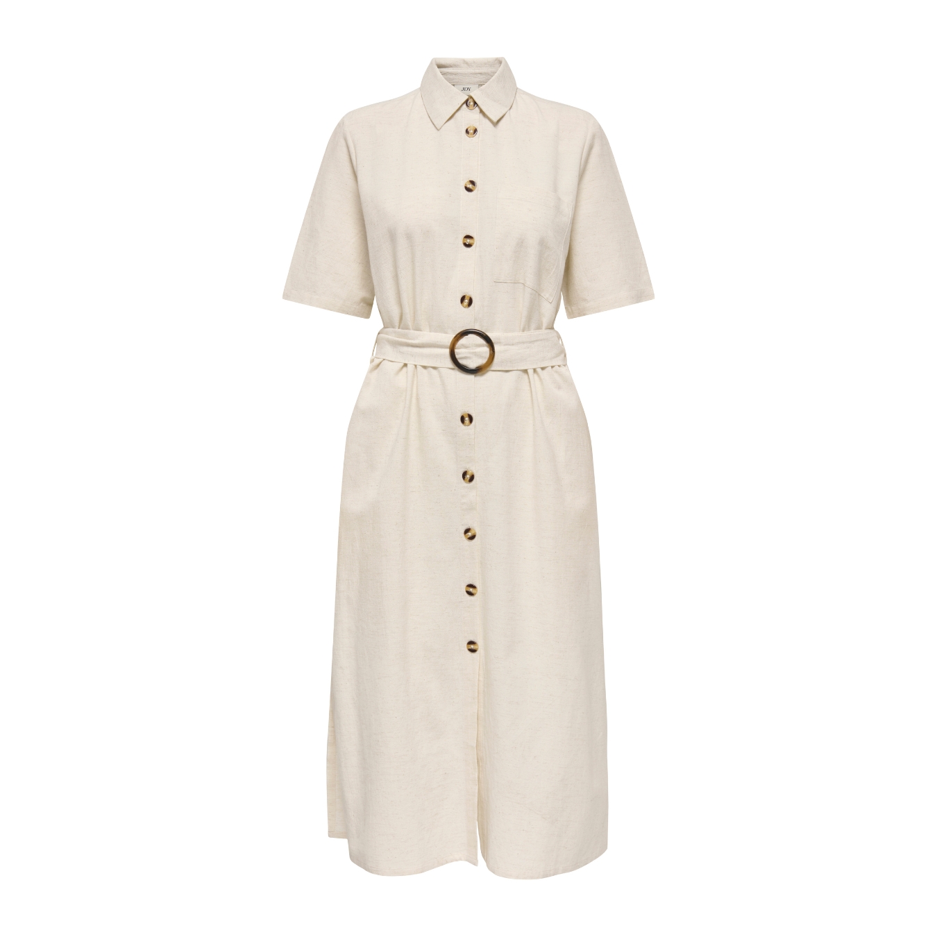 Vestido midi bege com botões castanhos e cinto