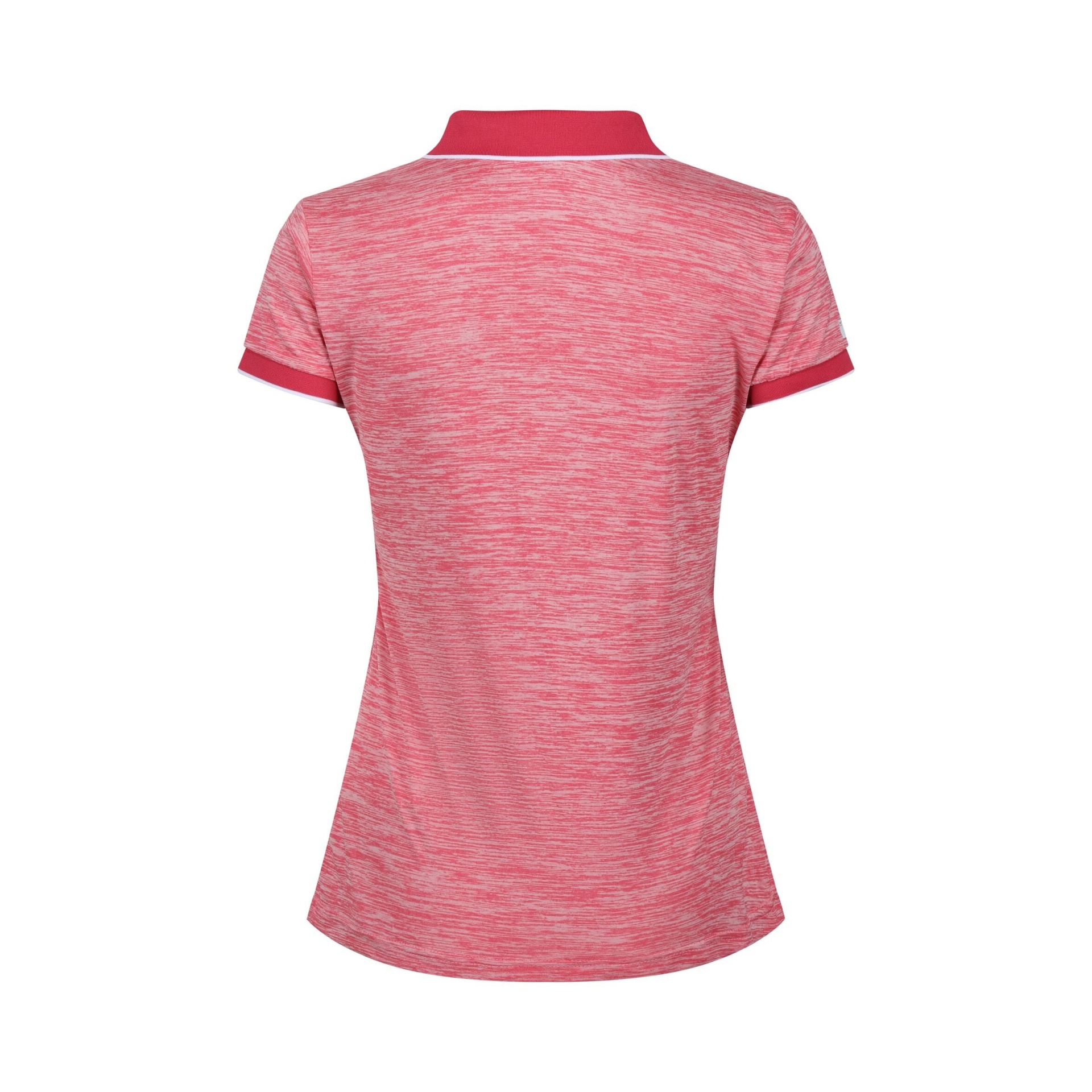Polo feminino rosa com padrão mesclado e detalhes em branco, vista traseira