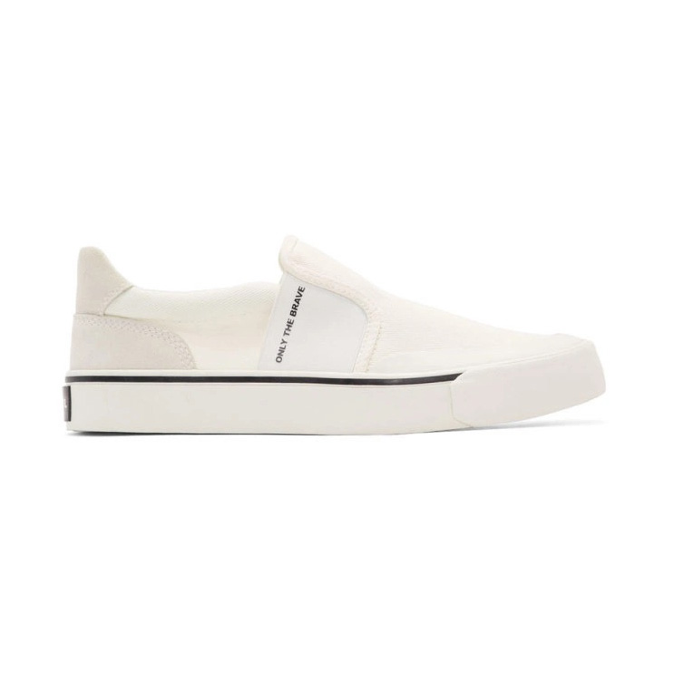 Ténis slip-on de lona branca com sola de borracha e detalhe preto
