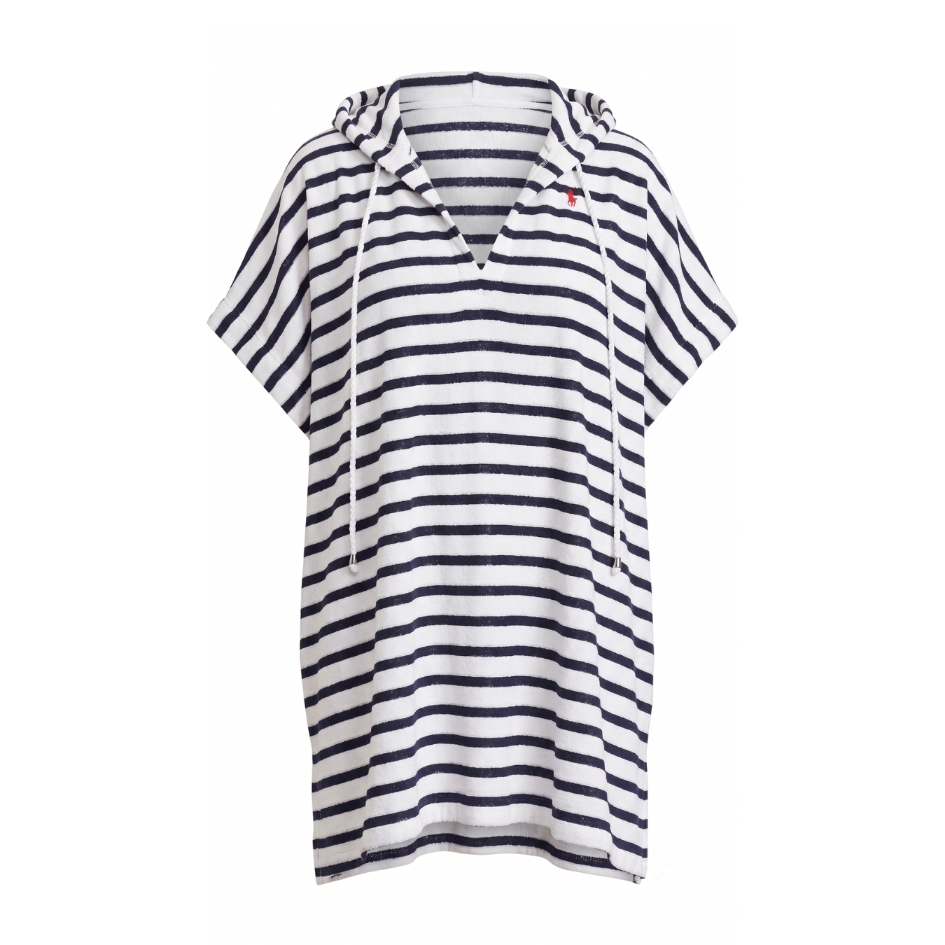 Poncho com riscas branco e azul escuro com capuz e cordões brancos