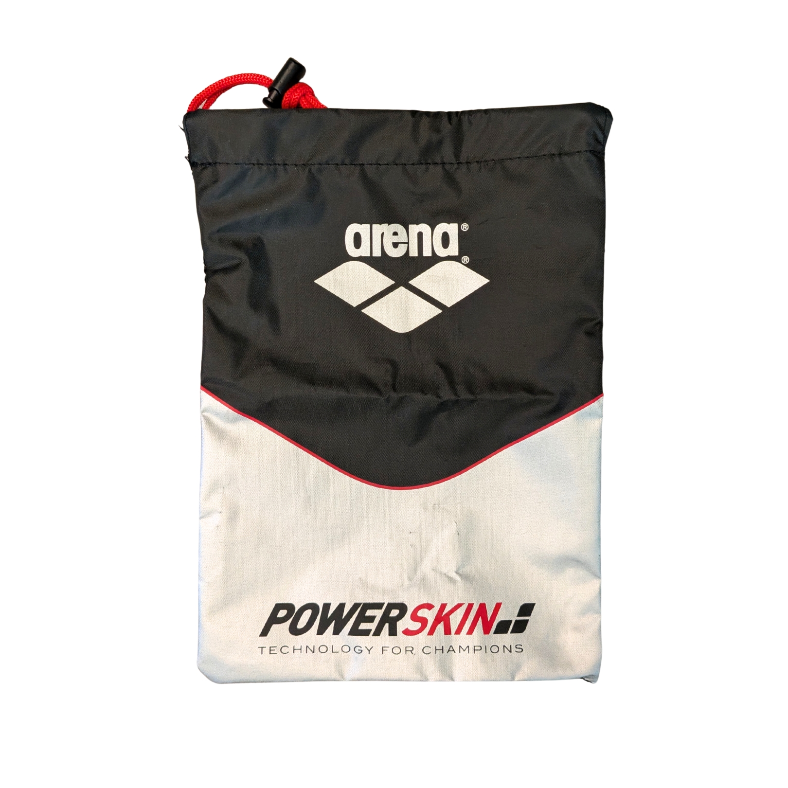Saco de tecido preto e branco com cordão vermelho e logótipo arena