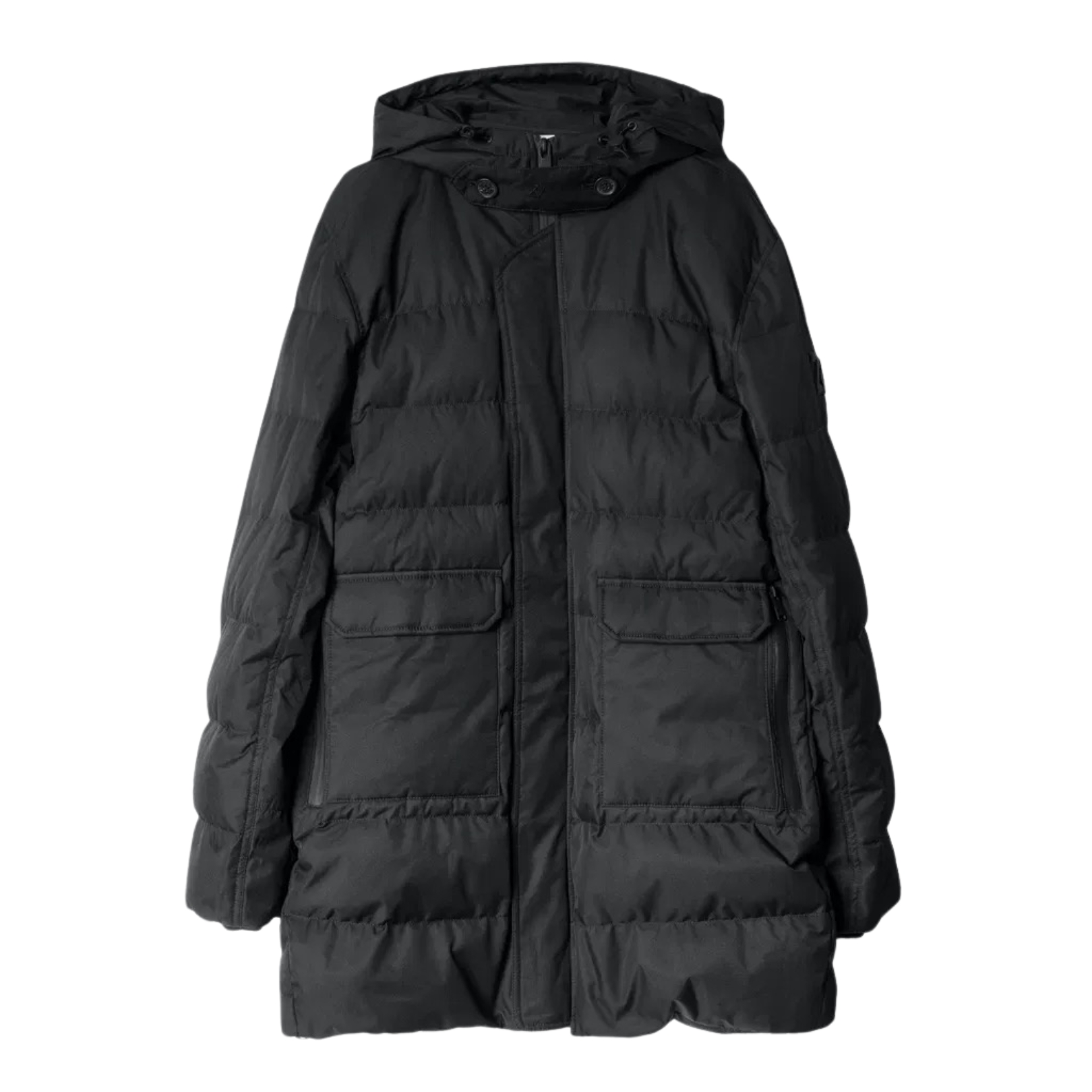 Casaco acolchoado preto com capuz e bolsos frontais