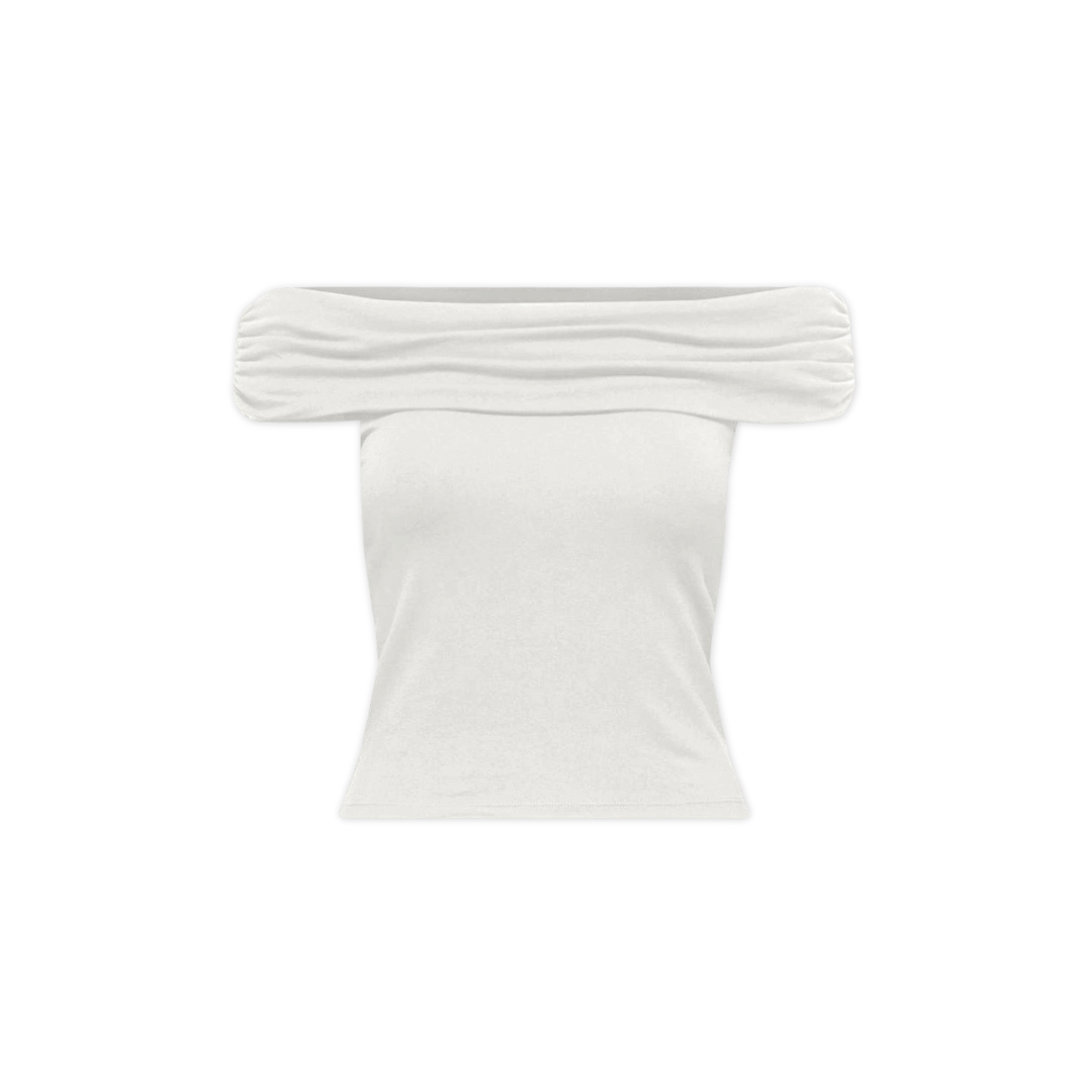 Top feminino branco com decote ombros descobertos e faixa franzida