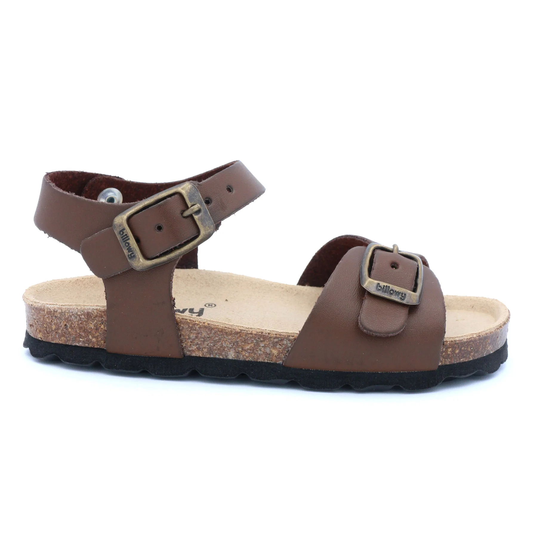 Sandália castanha com duas fivelas metálicas e sola de cortiça