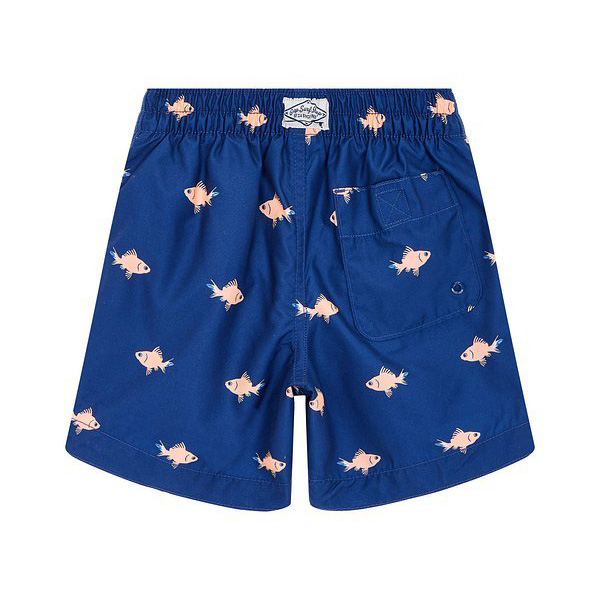Calções de banho azul com estampado de peixes cor-de-rosa e bolso traseiro.