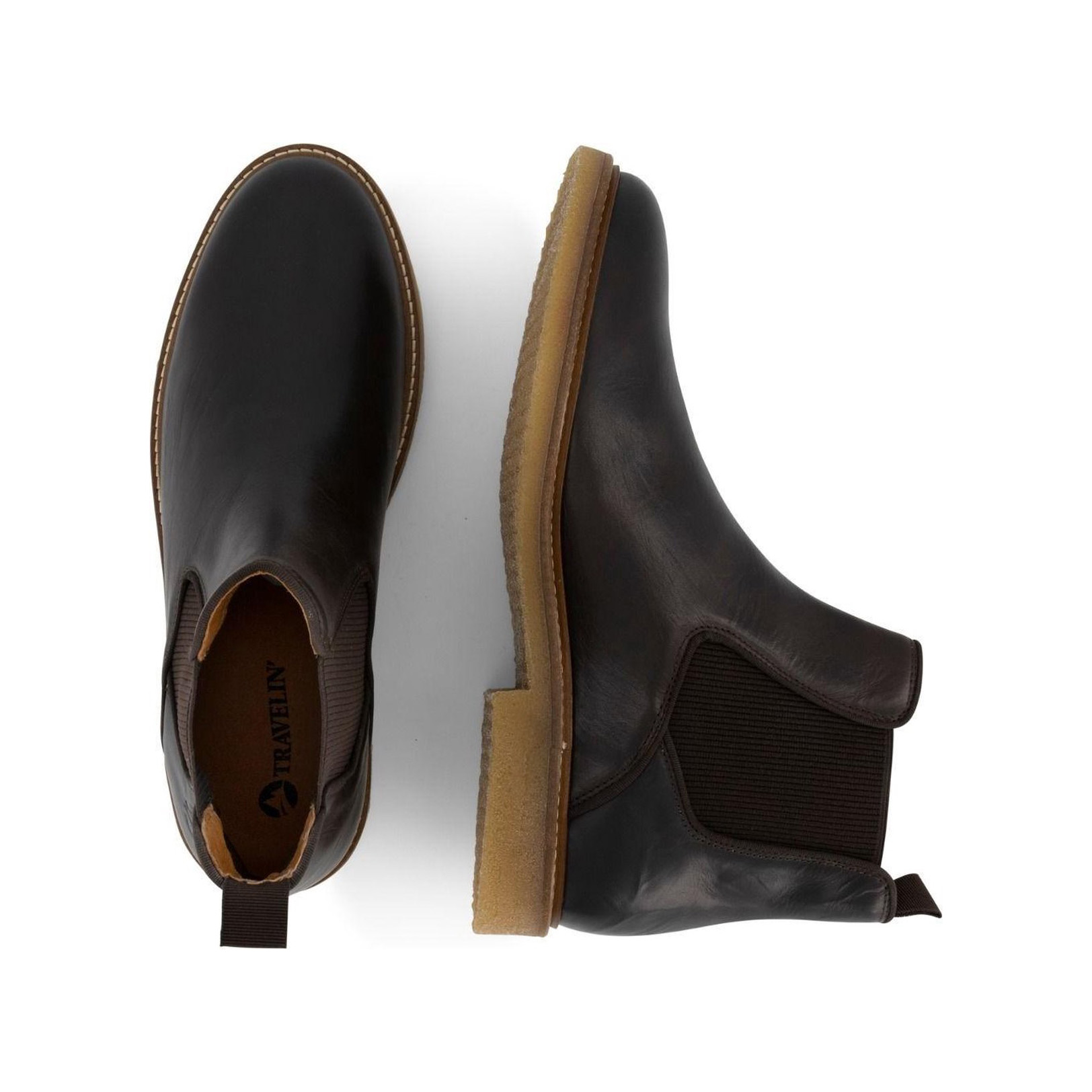 Botas Chelsea castanhas escuras em pele com sola bege e elástico lateral