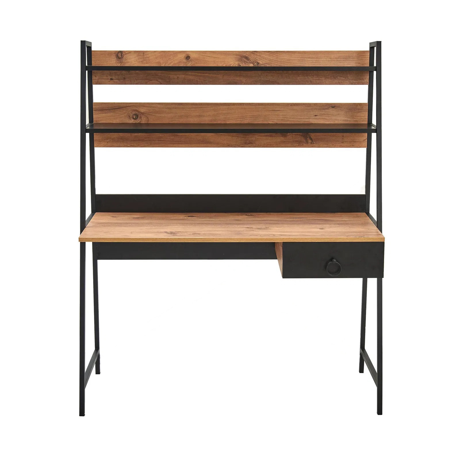 Secretária de estudo com madeira natural e estrutura preta com duas prateleiras e gaveta.