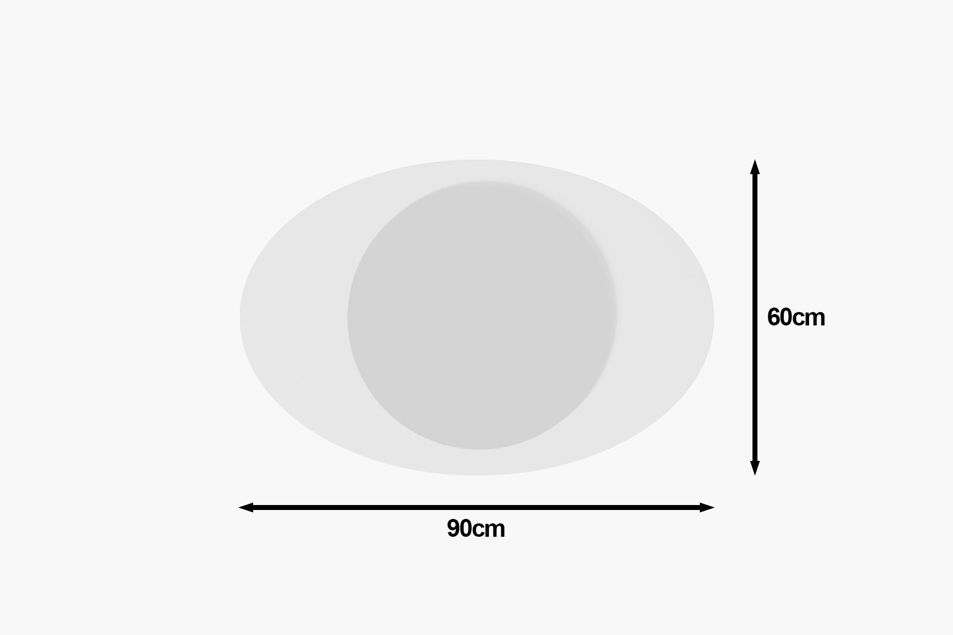 Forma oval cinza claro com dimensões 90cm por 60cm