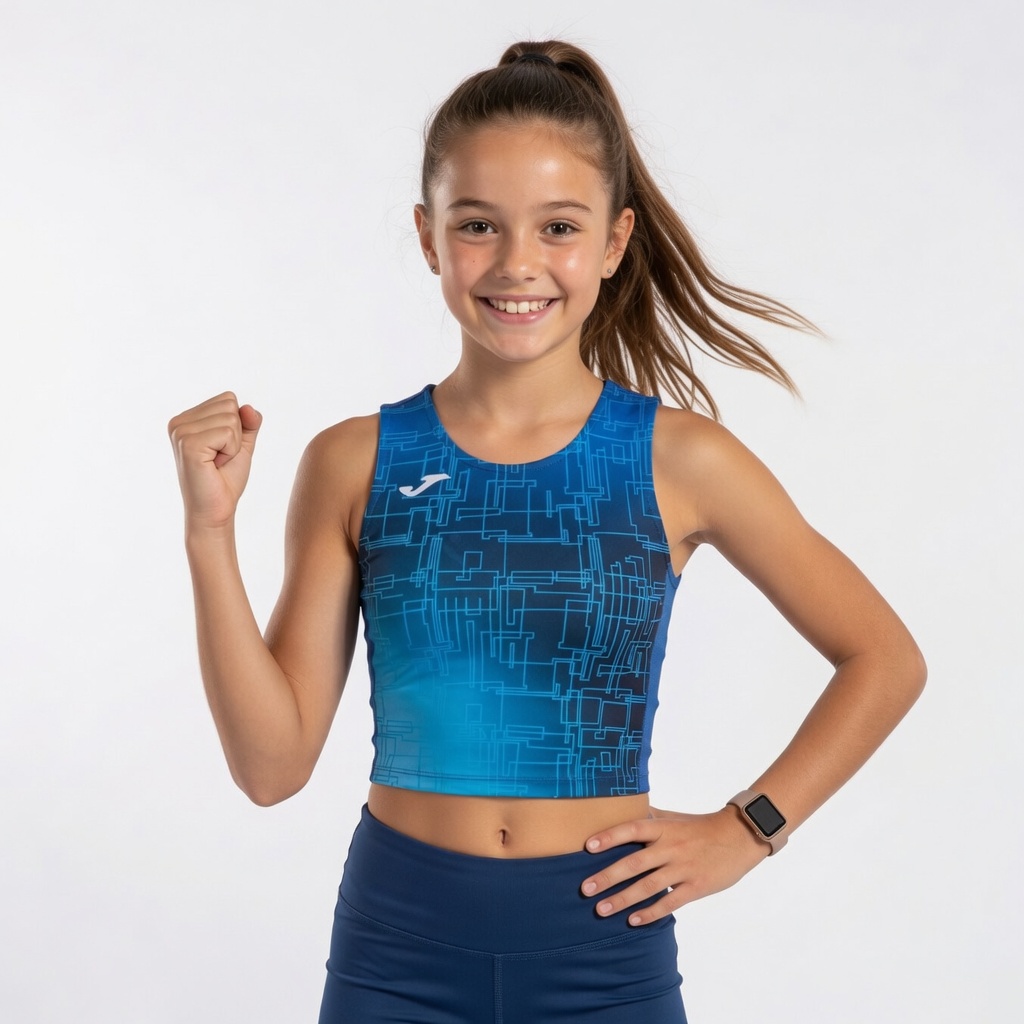 Menina com top desportivo azul e leggings azuis num fundo branco