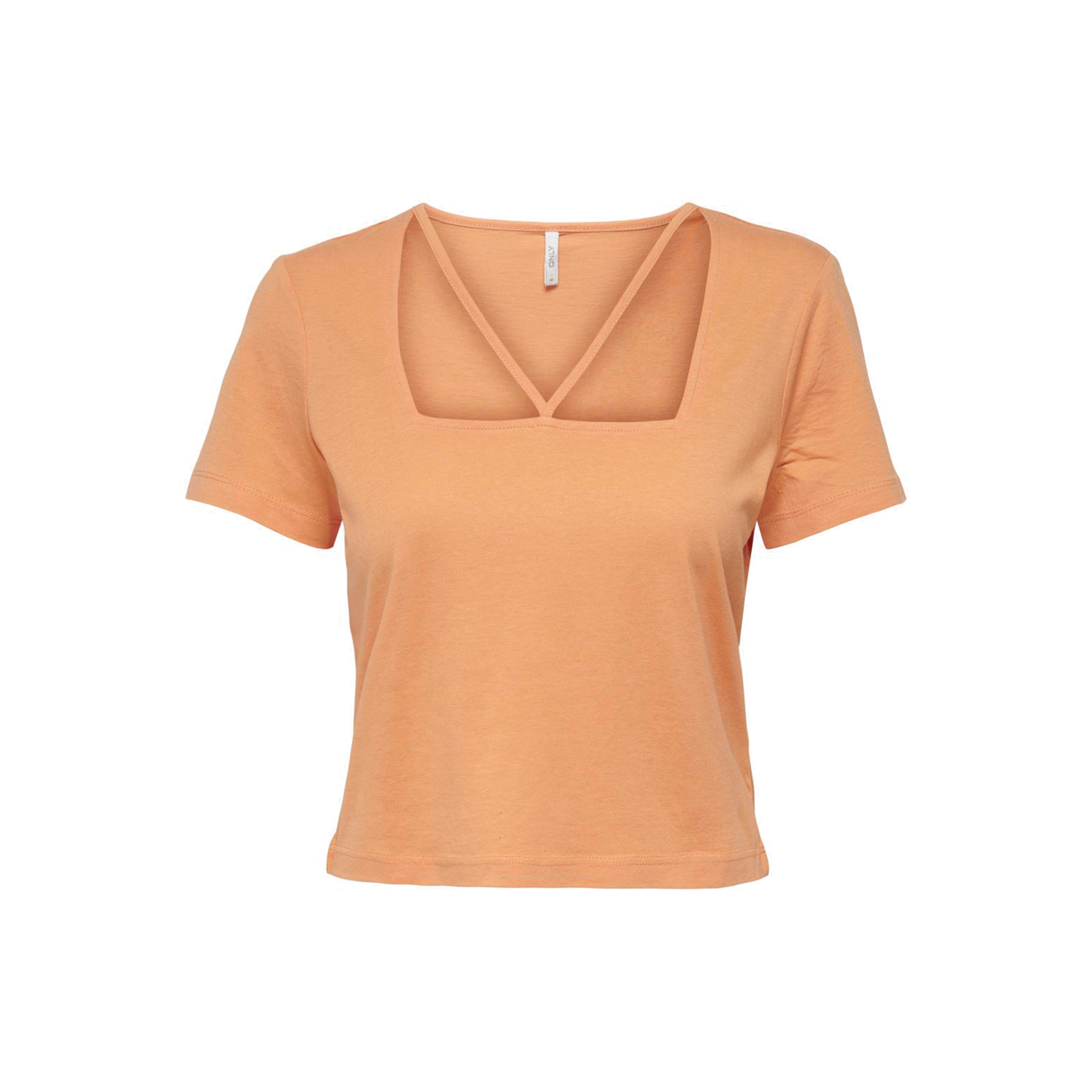 T-shirt feminina salmão com decote quadrado e tira decorativa