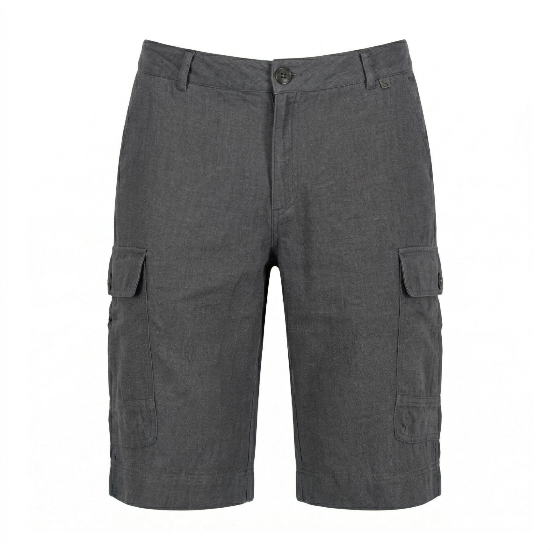 Calções cargo cinza escuro com bolsos laterais com aberturas por aba e botão