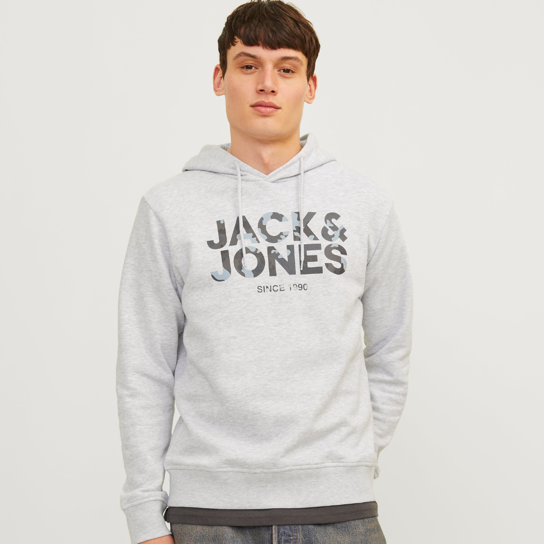 Camisola com capuz cinza claro da marca JACK & JONES com texto preto