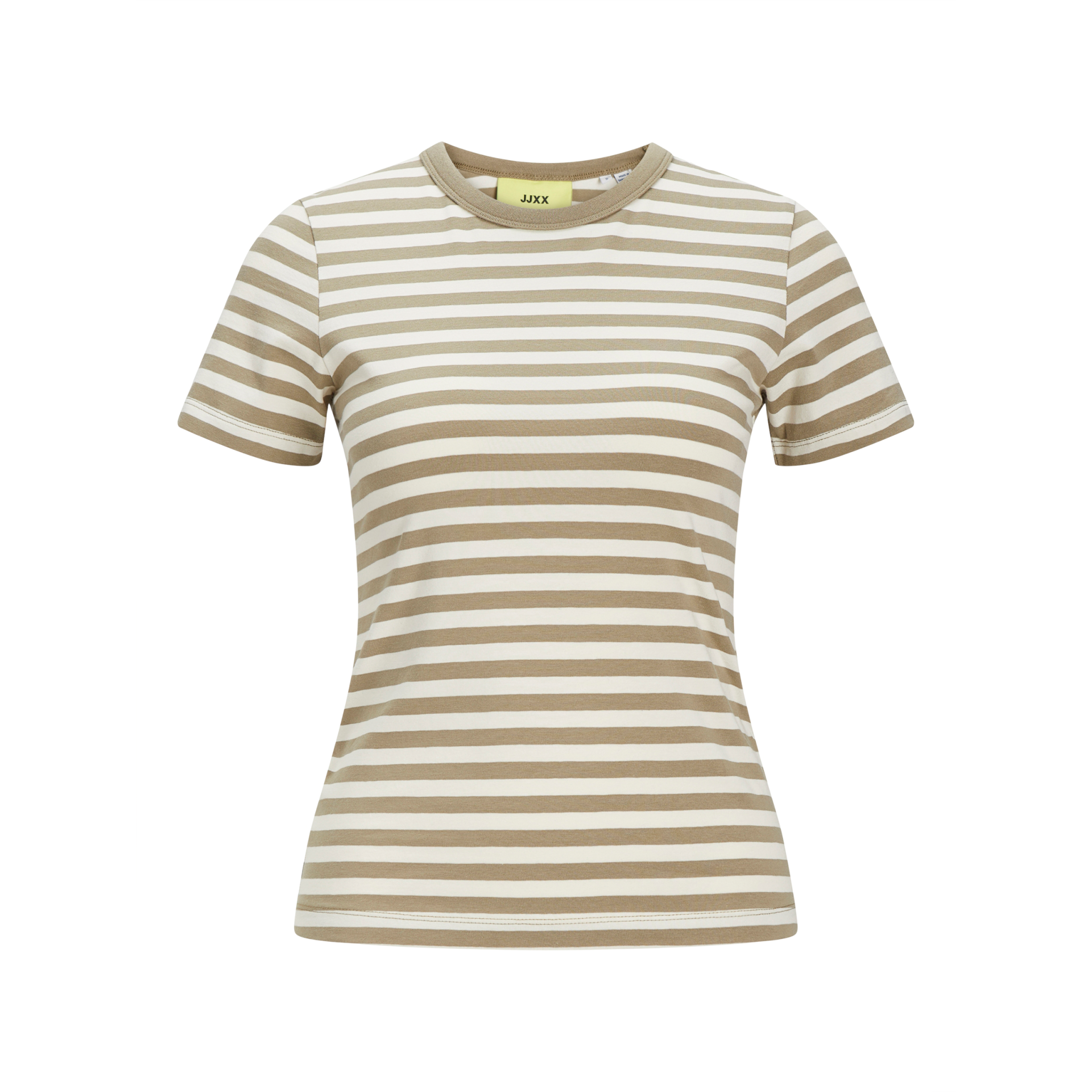 T-shirt feminina riscas bege e branco com gola redonda