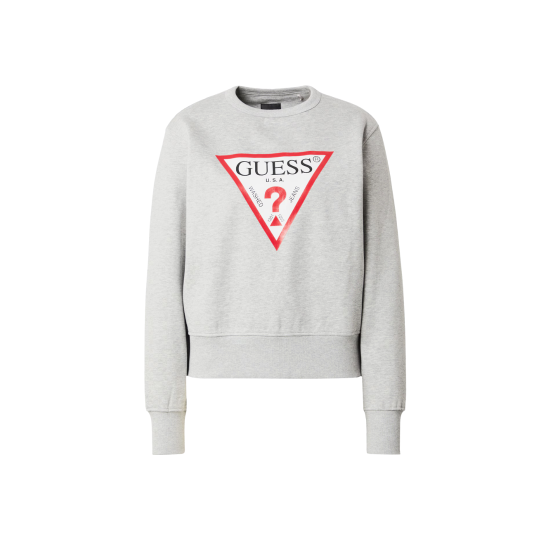 Camisola cinzenta clara com logotipo GUESS em triângulo vermelho