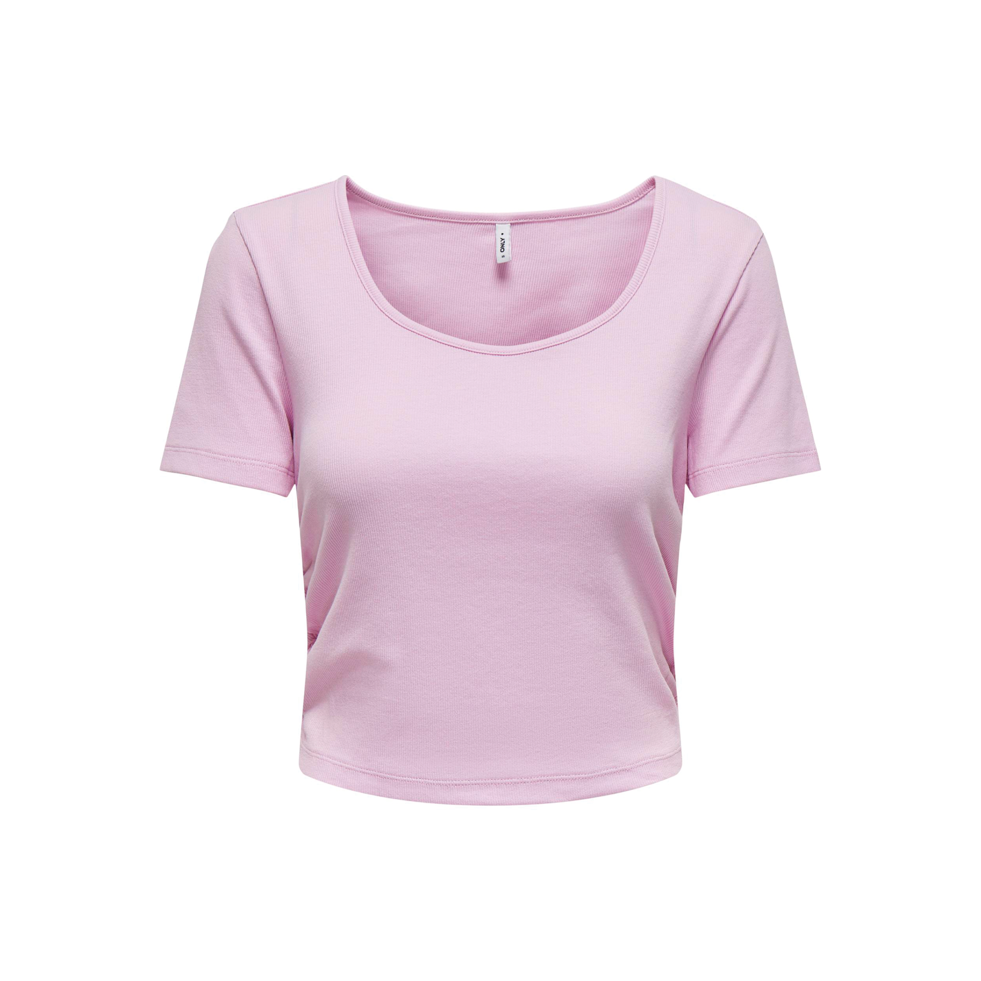 T-shirt cropped feminina rosa clara com decote redondo e mangas curtas