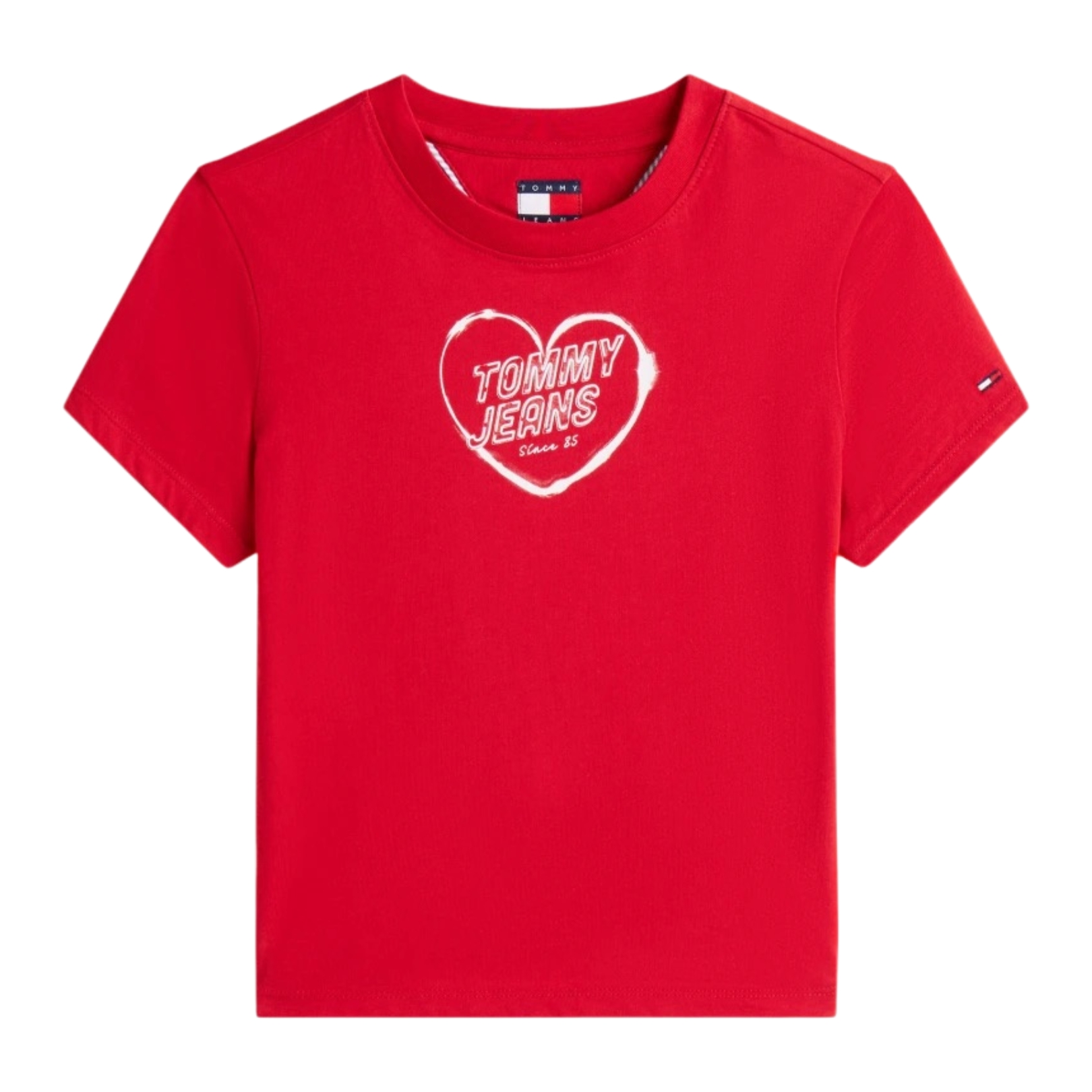 T-shirt vermelha de manga curta com estampa de coração branco e texto TOMMY JEANS Since 85