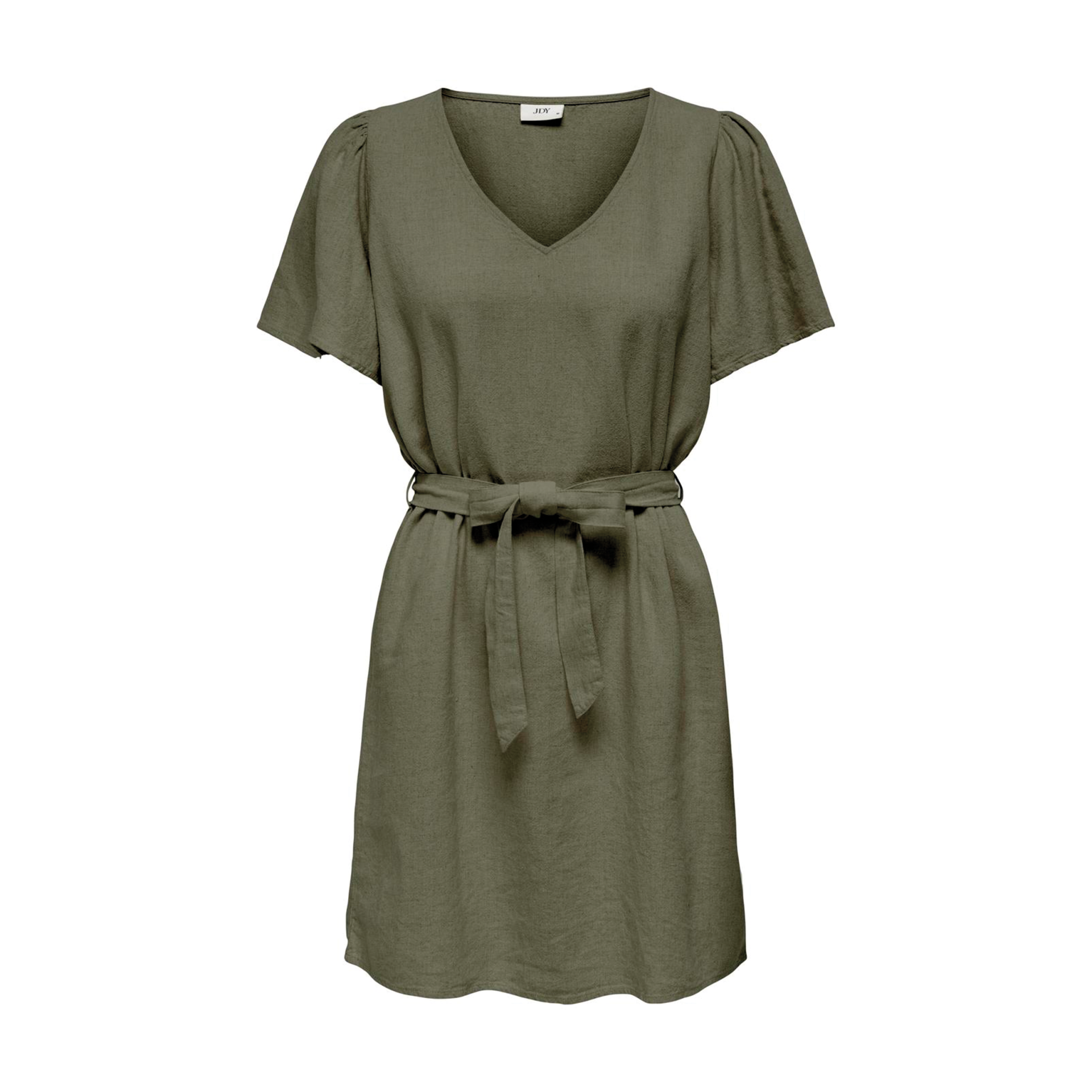 Vestido verde-oliva com decote em V e cinto