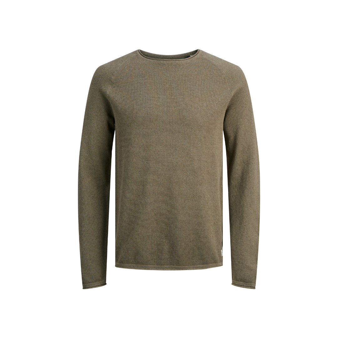 Camisola masculina bege castanho de malha fina com gola redonda e manga comprida